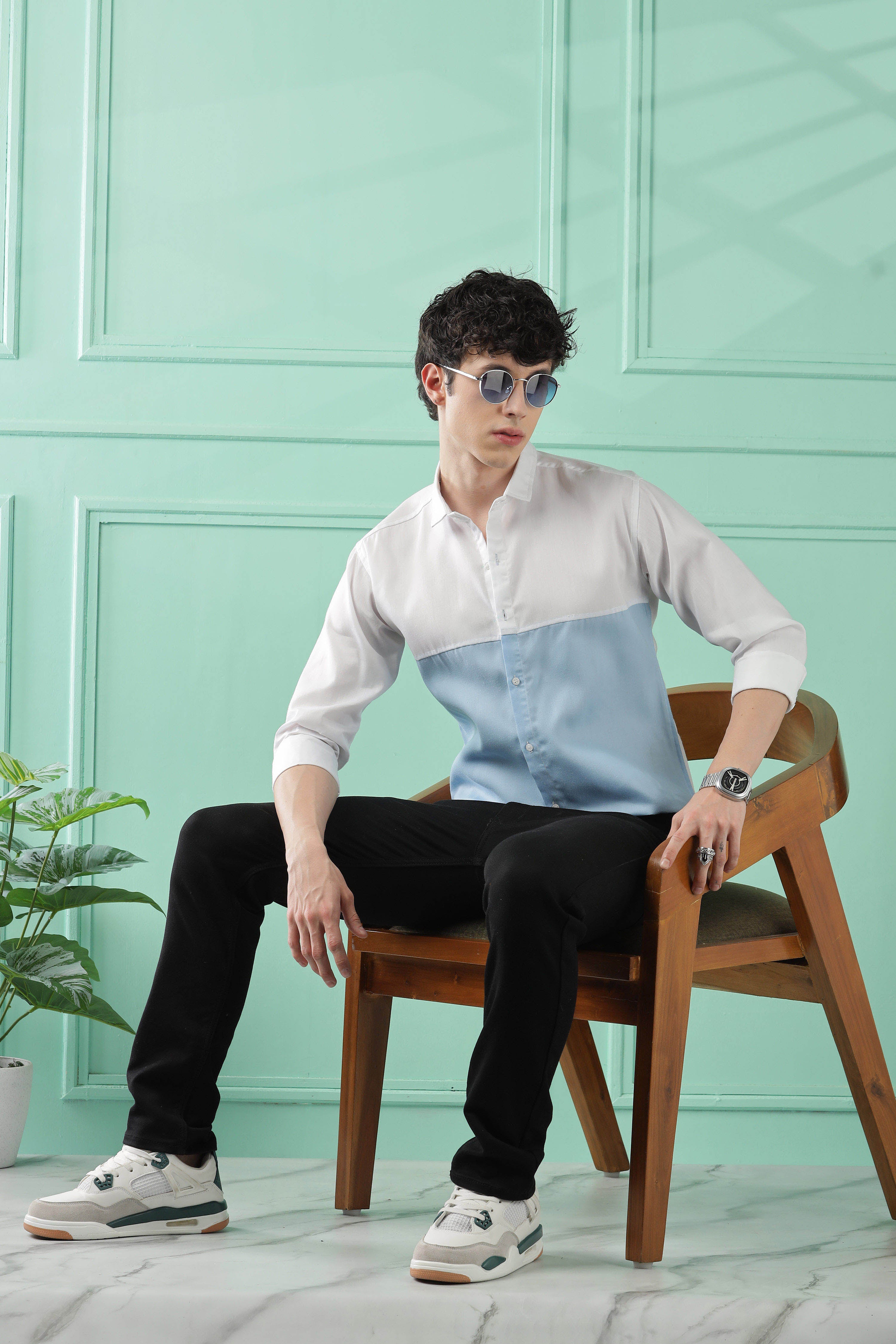 Fresh Wave Two-Tone Cotton Blend Sky Blue Casual Shirt