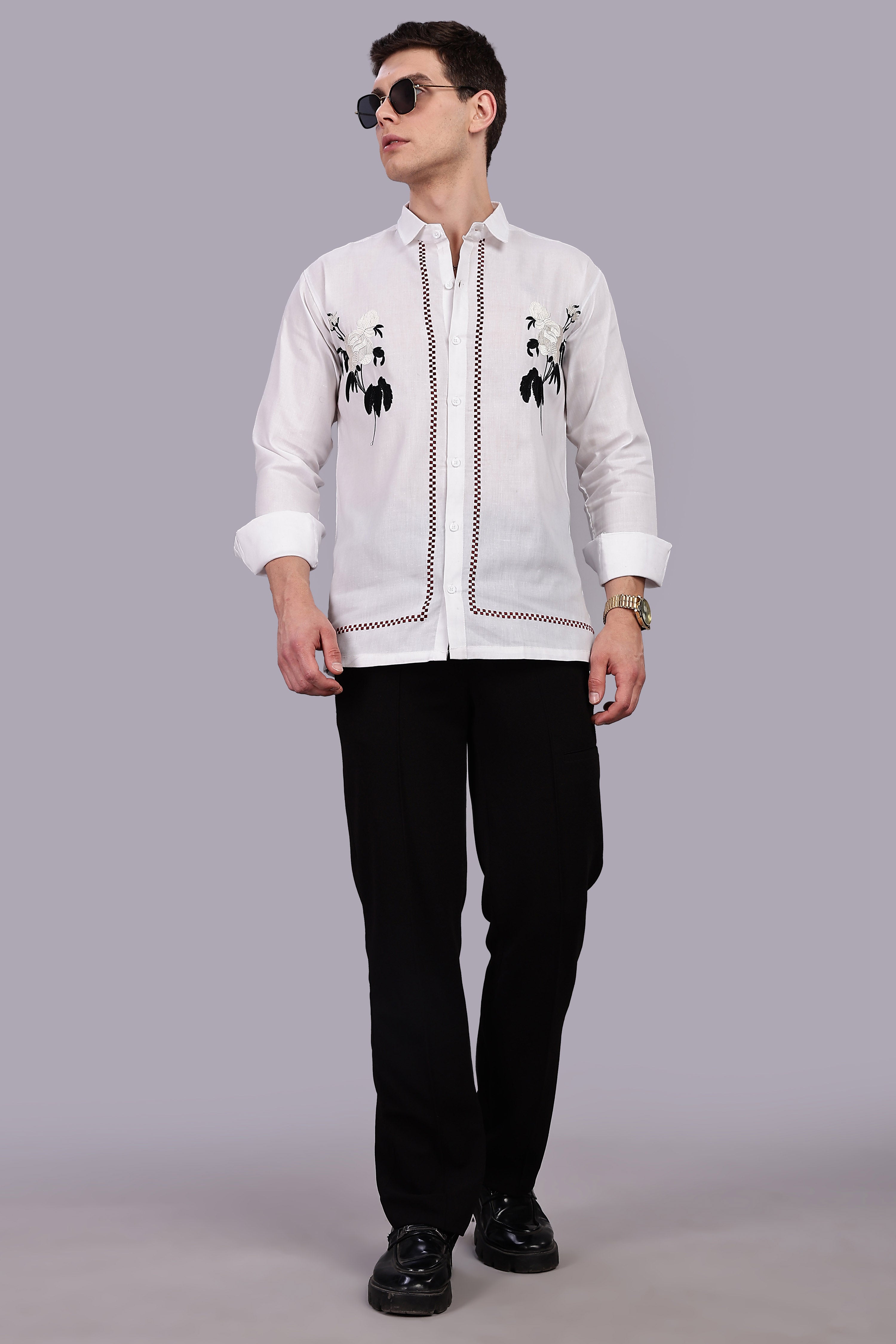 Floral Elegance Embroidered Cotton Blend Shirt