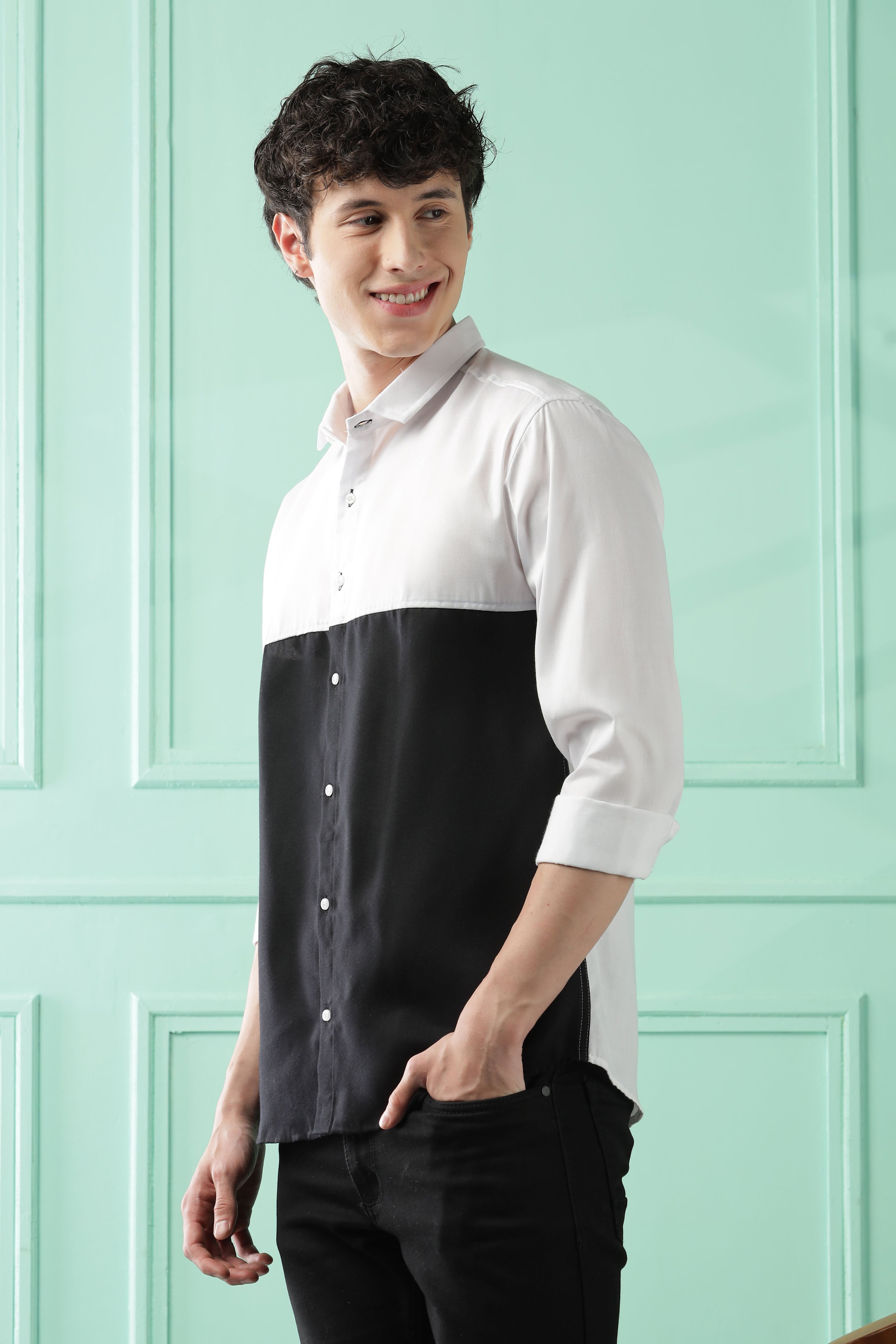 Fresh Wave Two-Tone Cotton Blend Black Casual Shirt