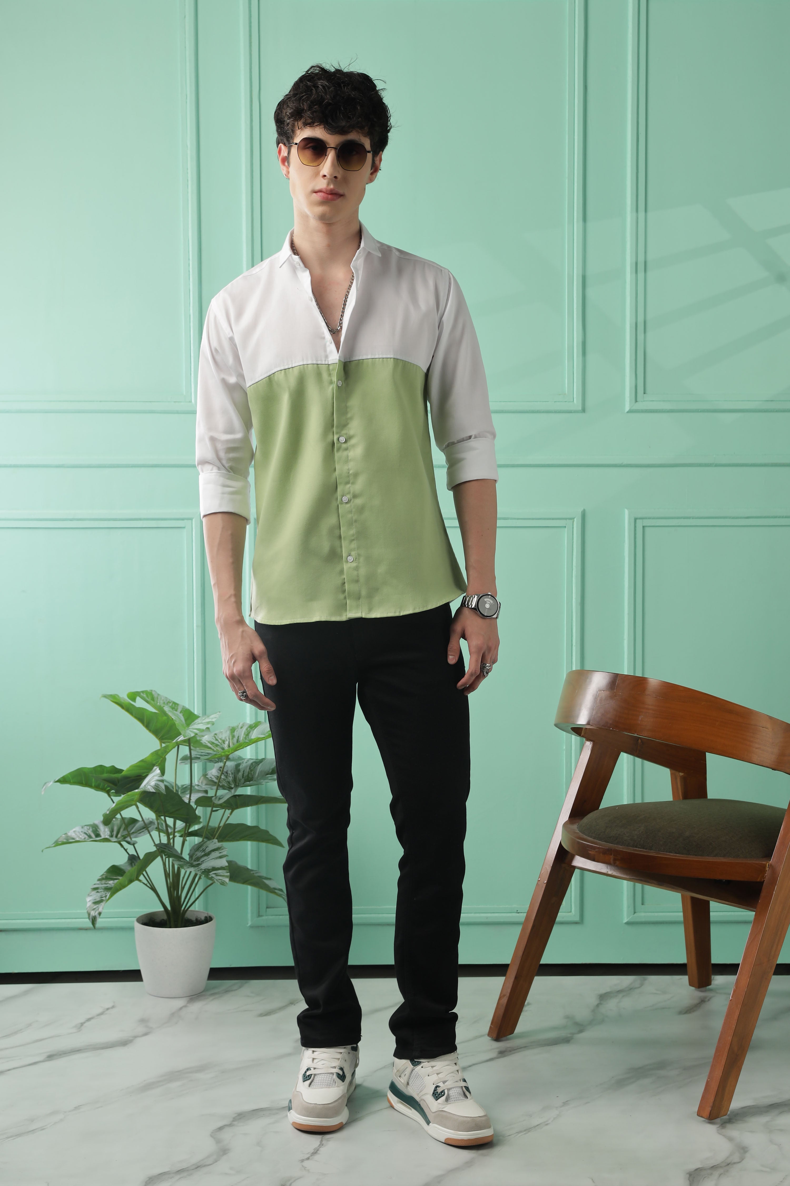 Fresh Wave Two-Tone Cotton Blend Light Green Casual Shirt