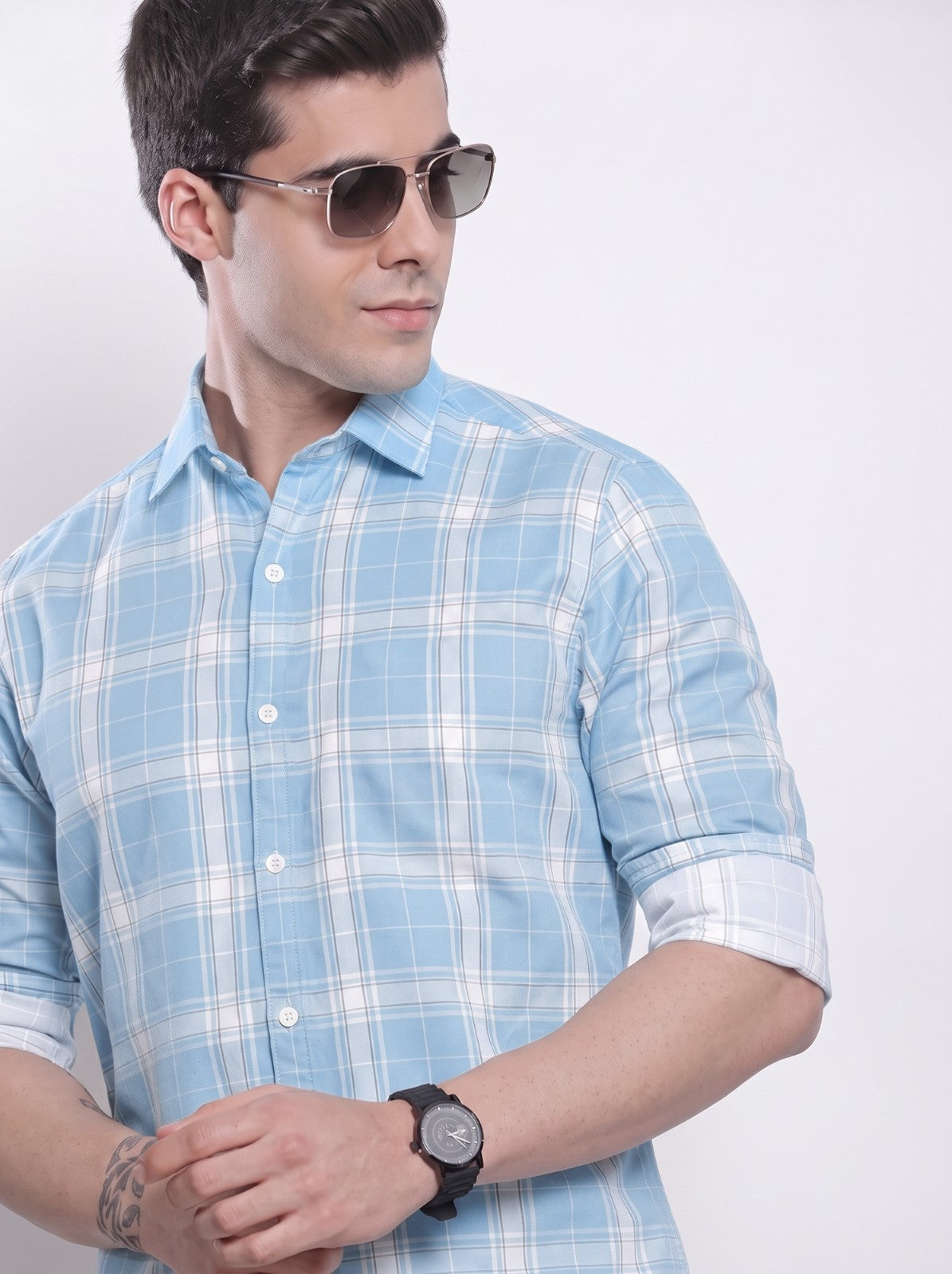 Men's Sky Blue Classic Checkered Cotton Blend Casual Shirt