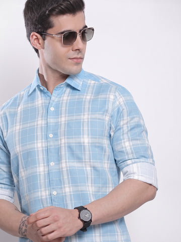 Men's Sky Blue Classic Checkered Cotton Blend Casual Shirt