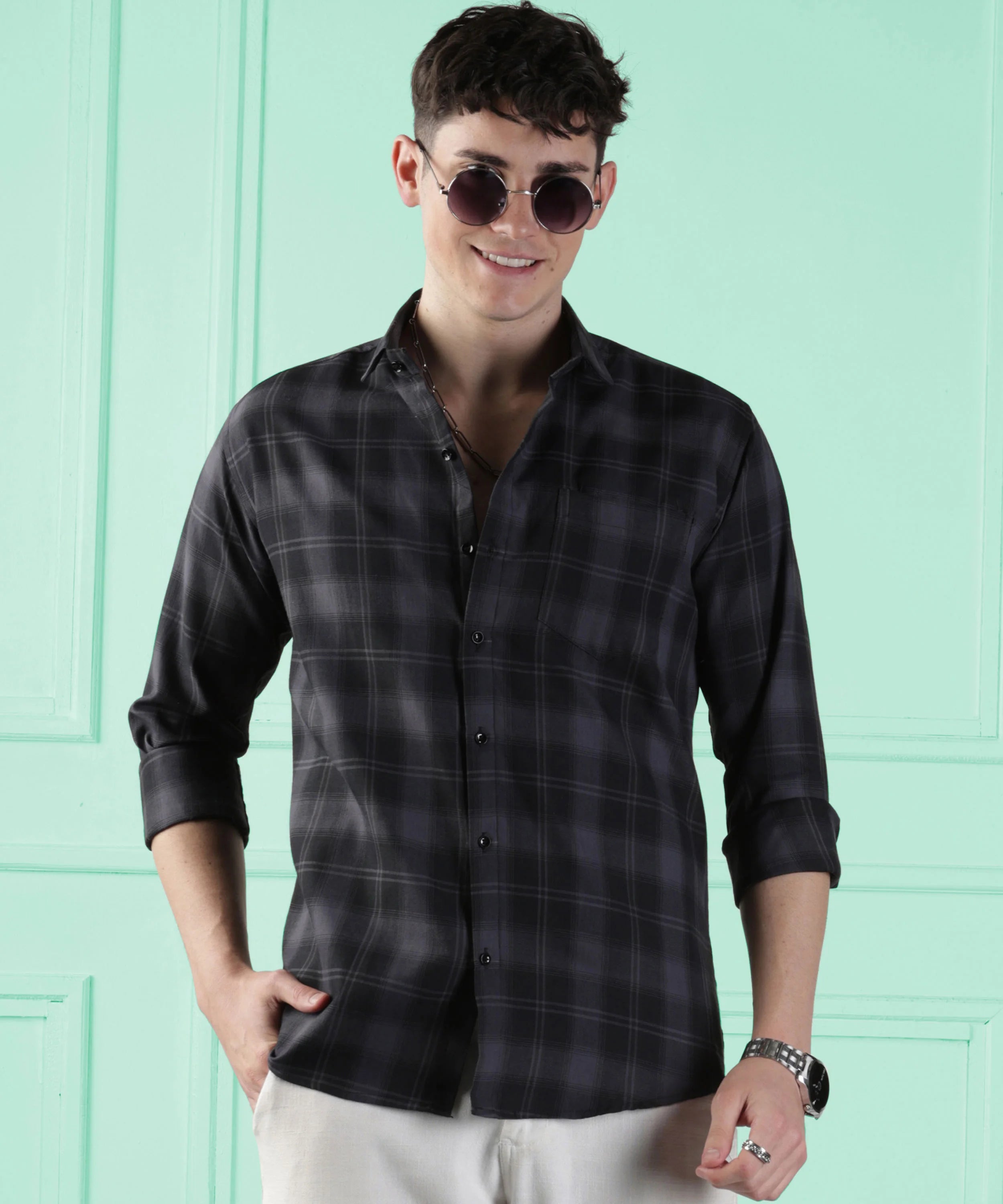 Classic Black Checkered Cotton Blend Shirt