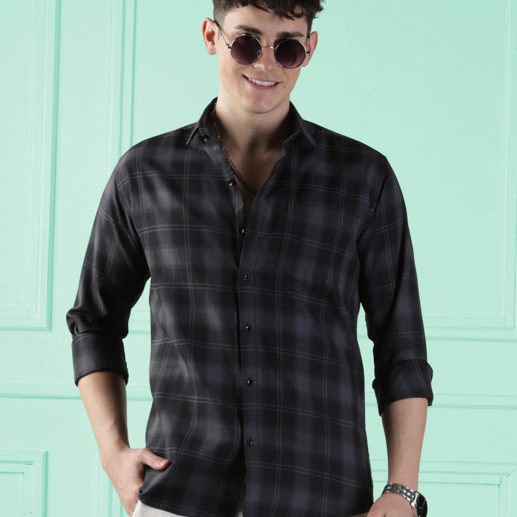 Classic Black Checkered Cotton Blend Shirt