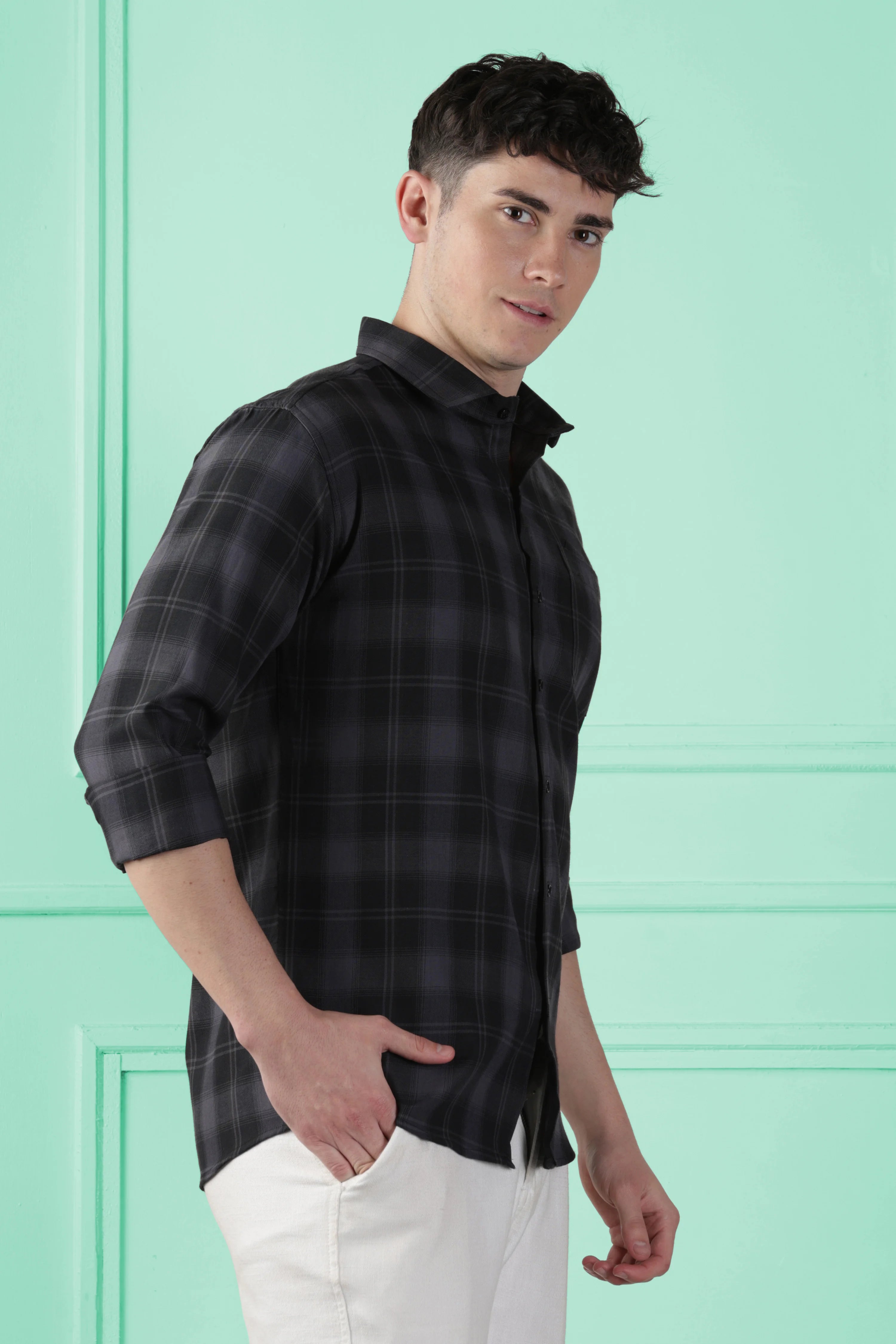 Classic Black Checkered Cotton Blend Shirt