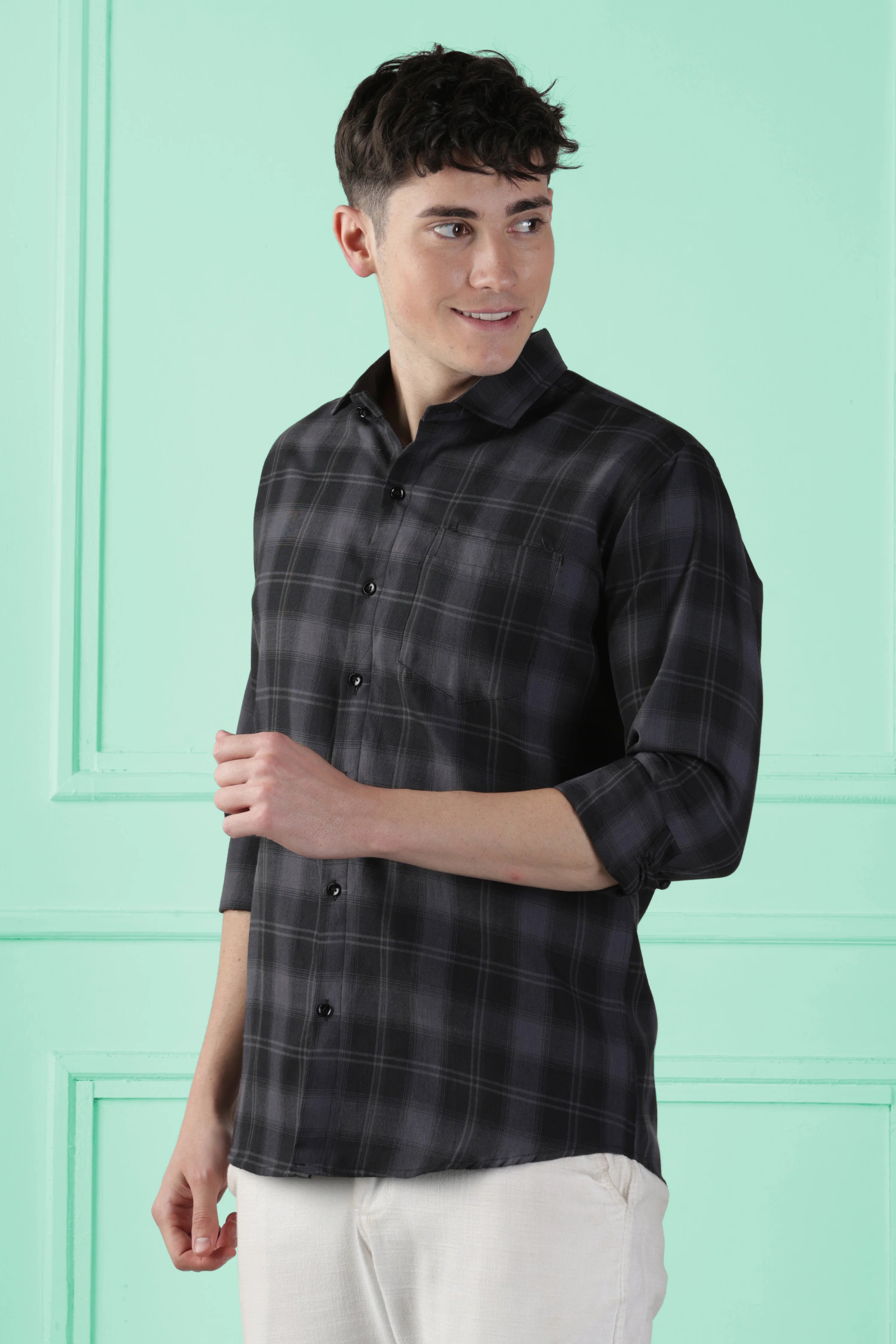 Classic Black Checkered Cotton Blend Shirt