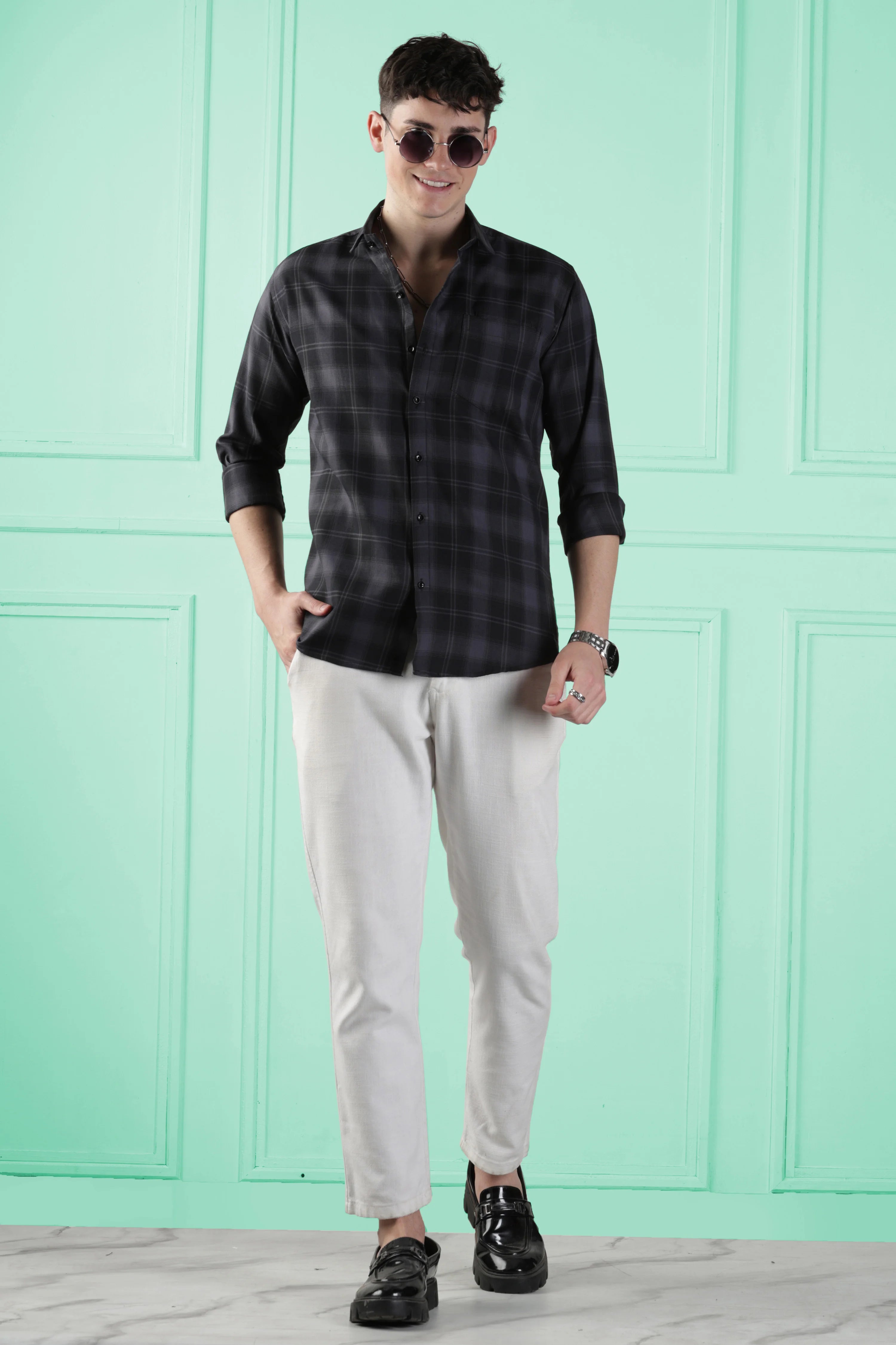 Classic Black Checkered Cotton Blend Shirt