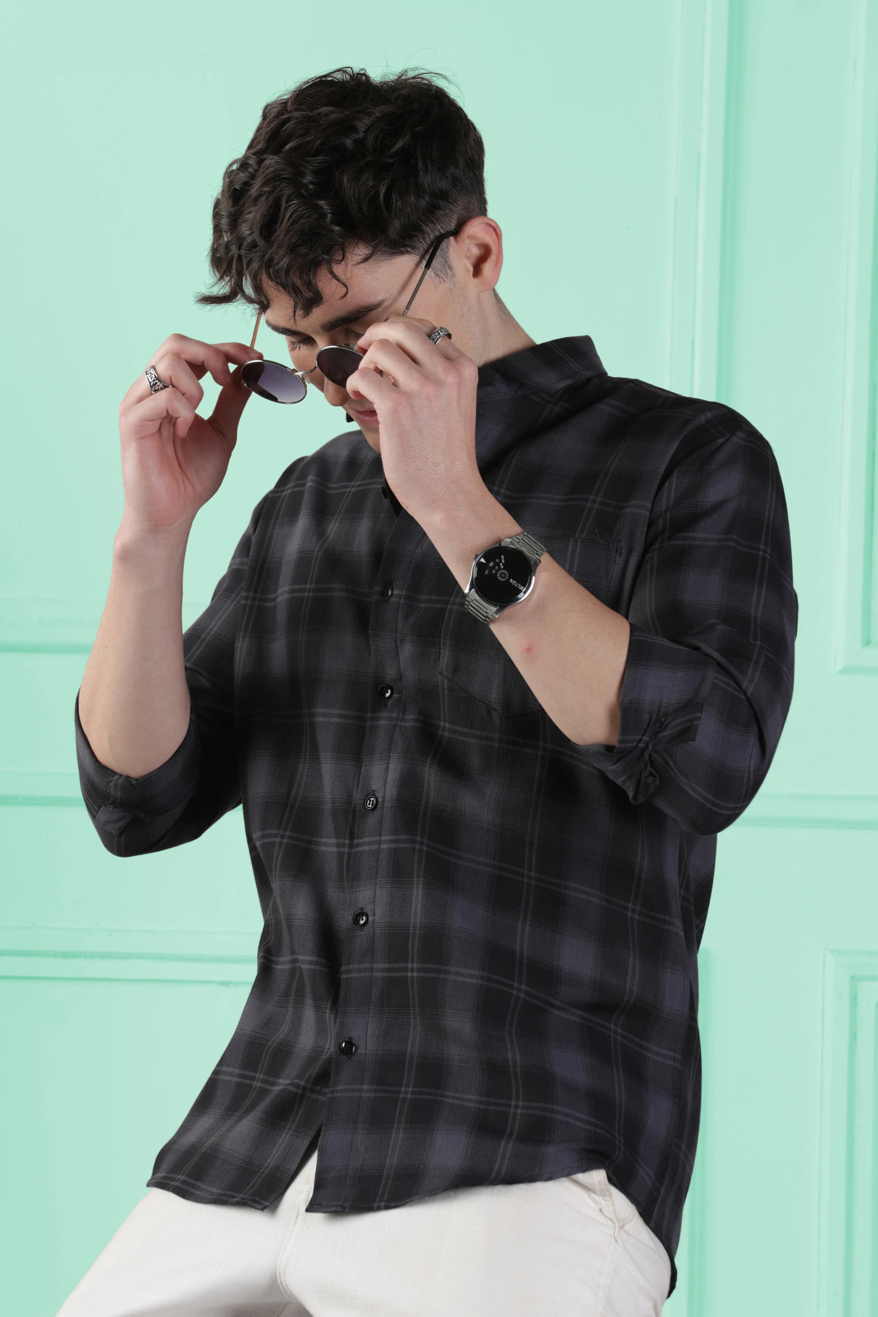 Classic Black Checkered Cotton Blend Shirt