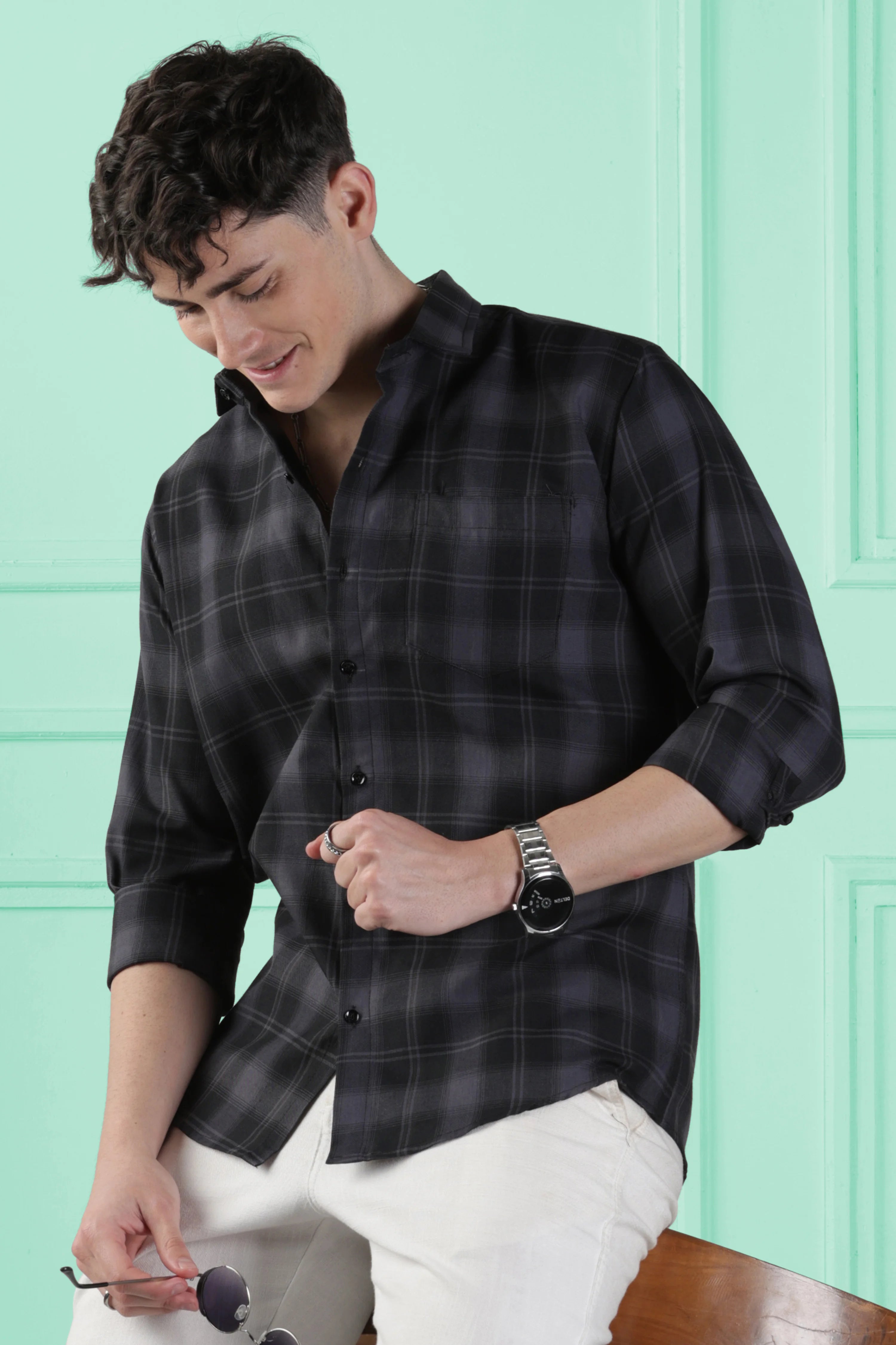 Classic Black Checkered Cotton Blend Shirt