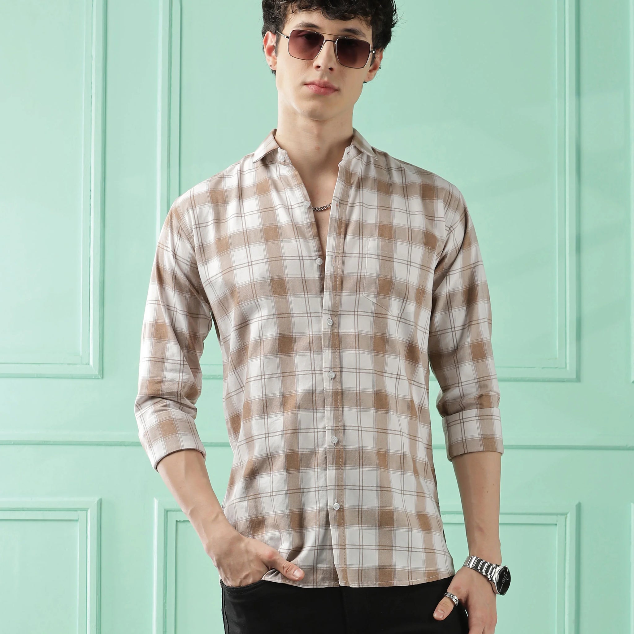Classic Brown Checkered Cotton Blend Shirt