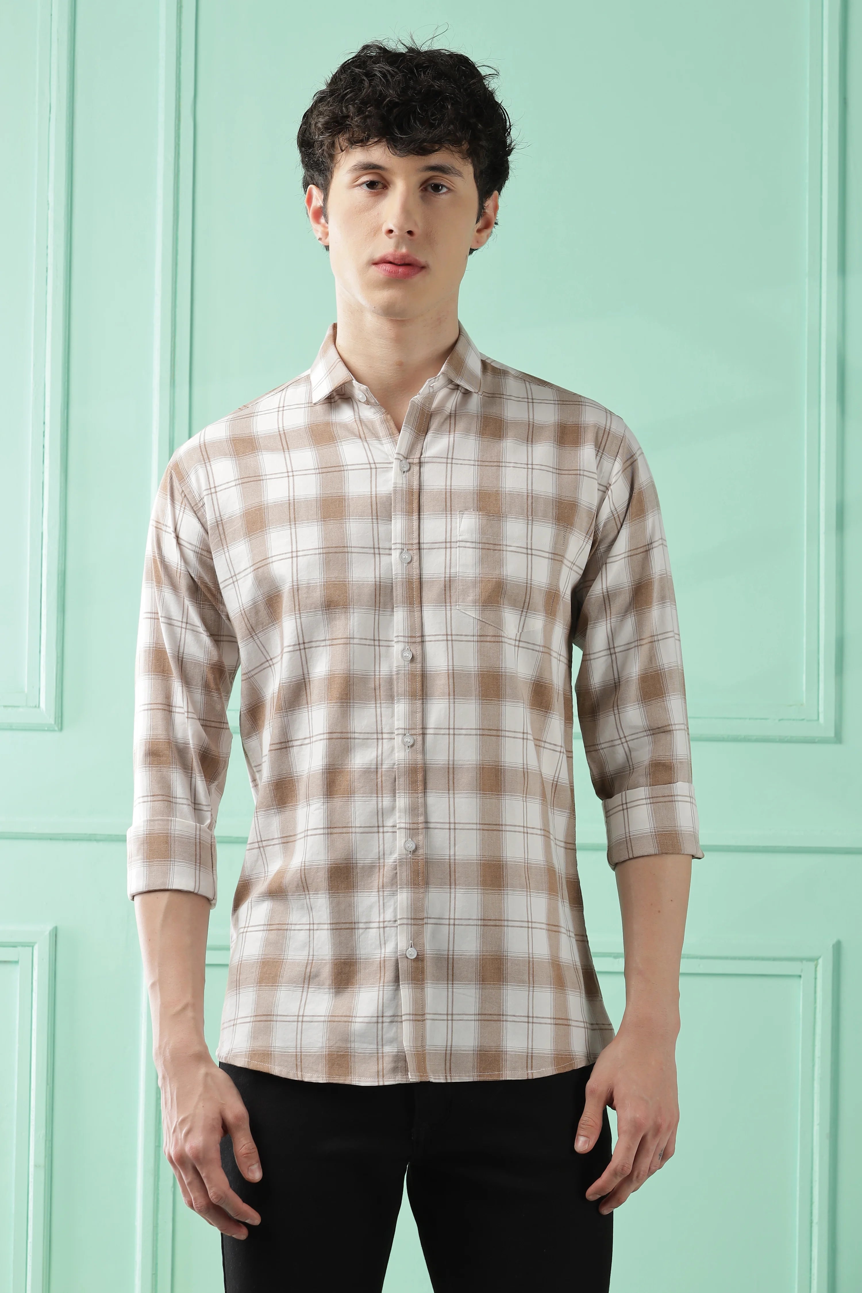 Classic Brown Checkered Cotton Blend Shirt