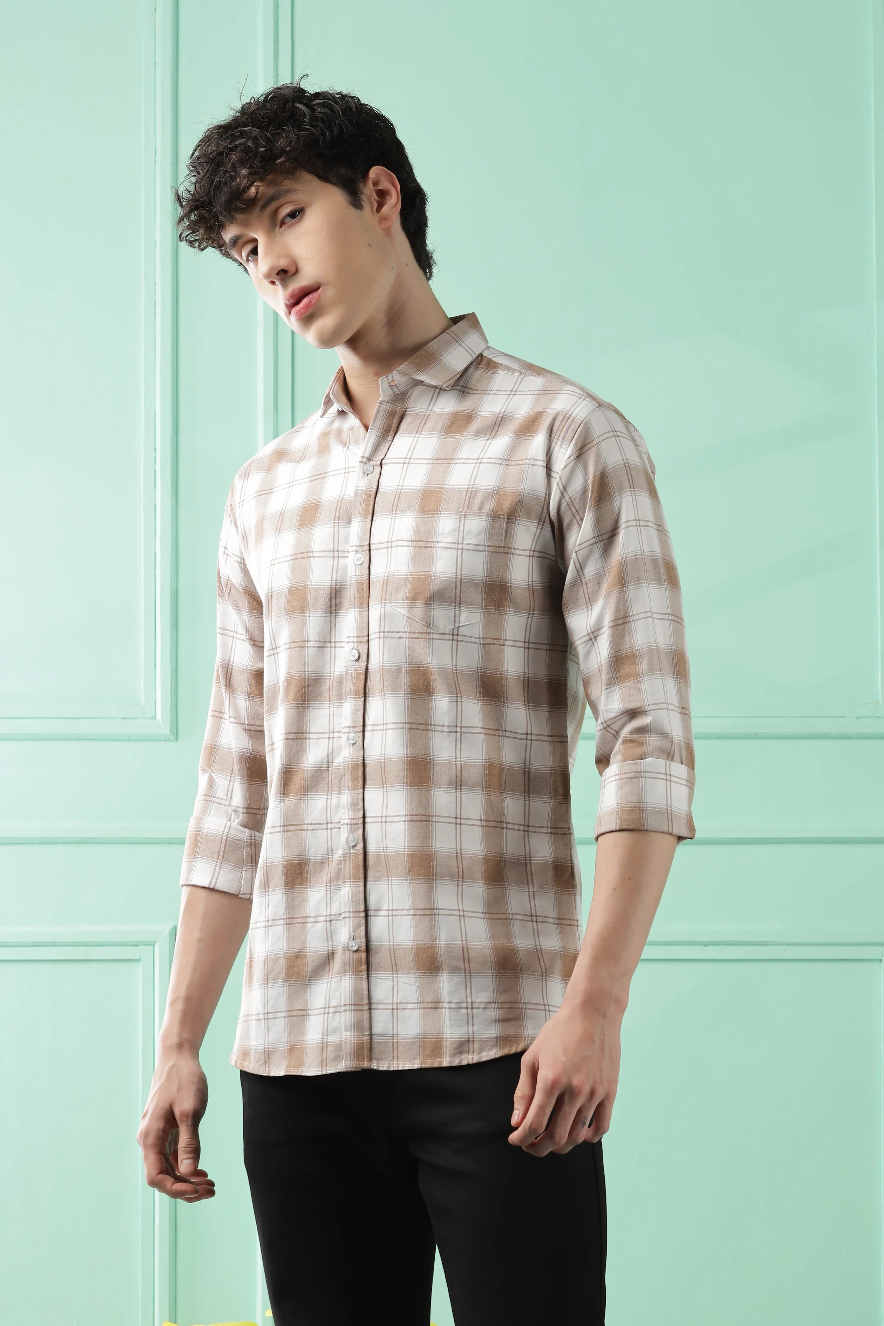 Classic Brown Checkered Cotton Blend Shirt