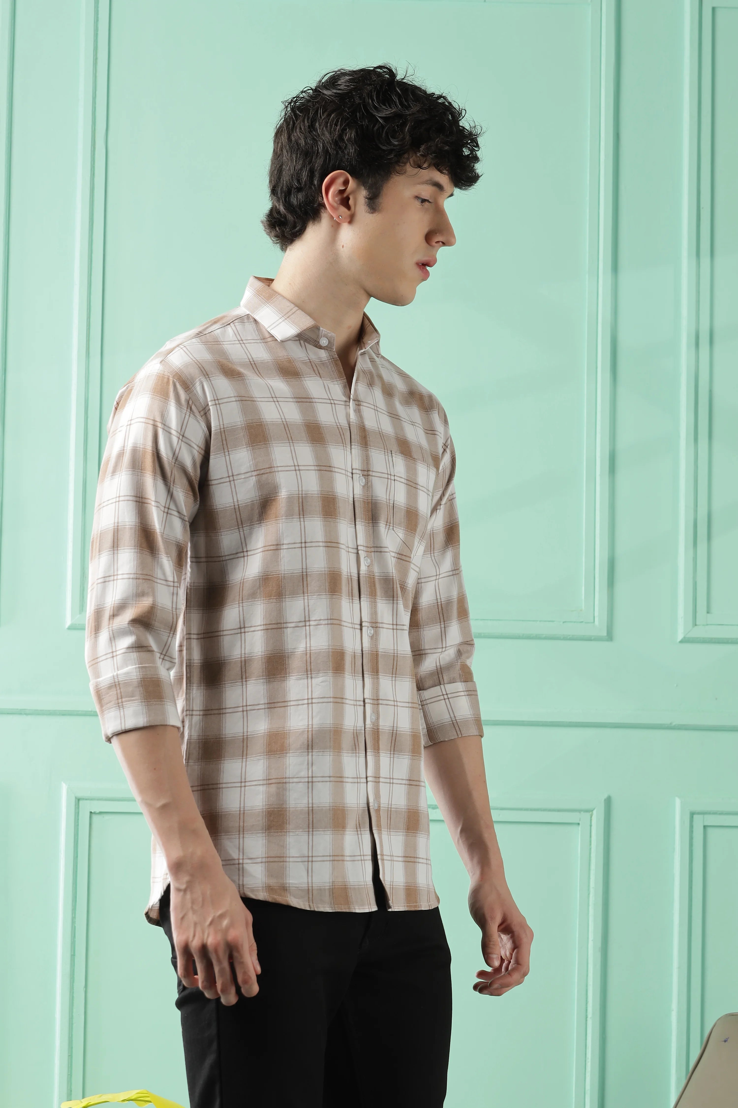 Classic Brown Checkered Cotton Blend Shirt