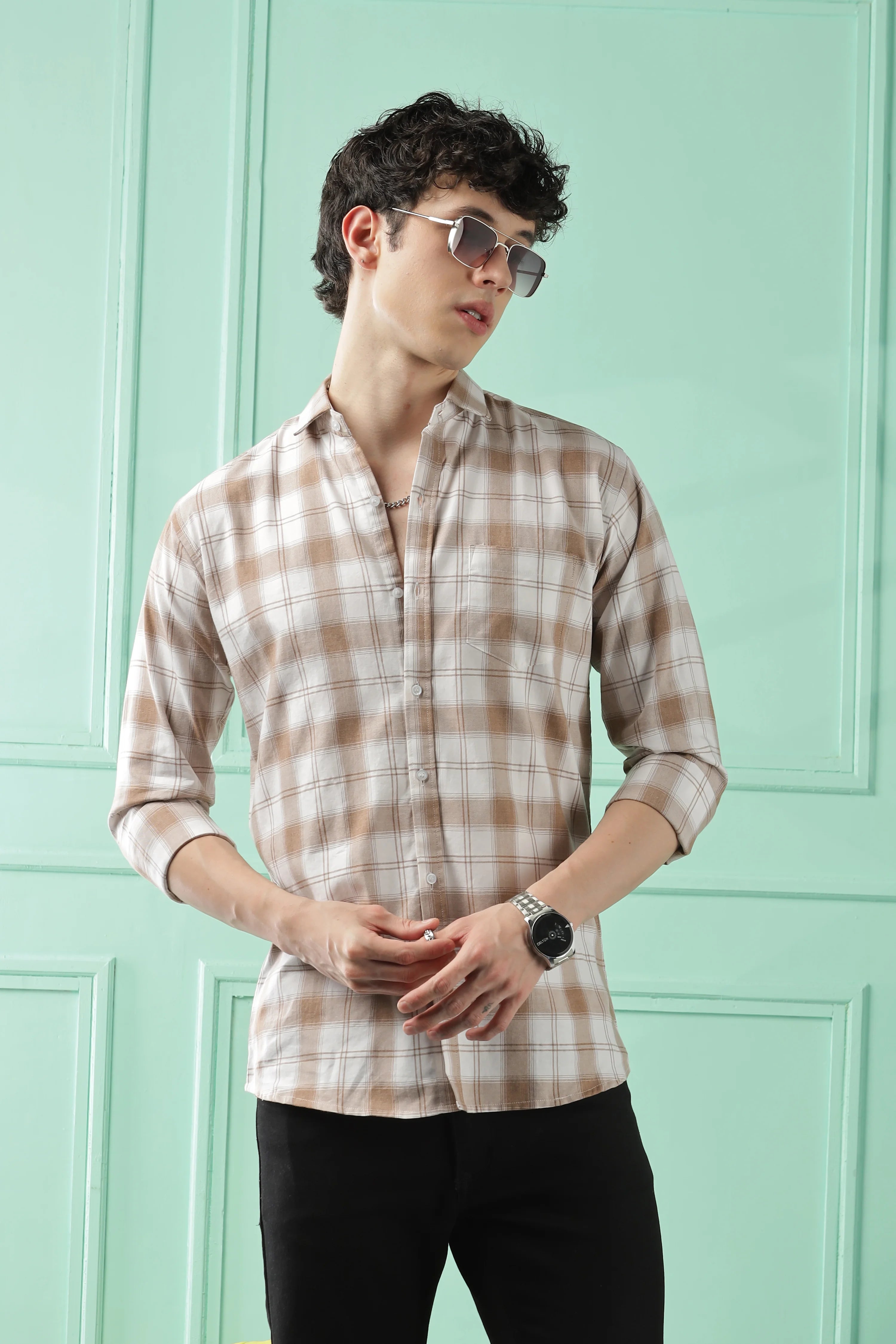 Classic Brown Checkered Cotton Blend Shirt