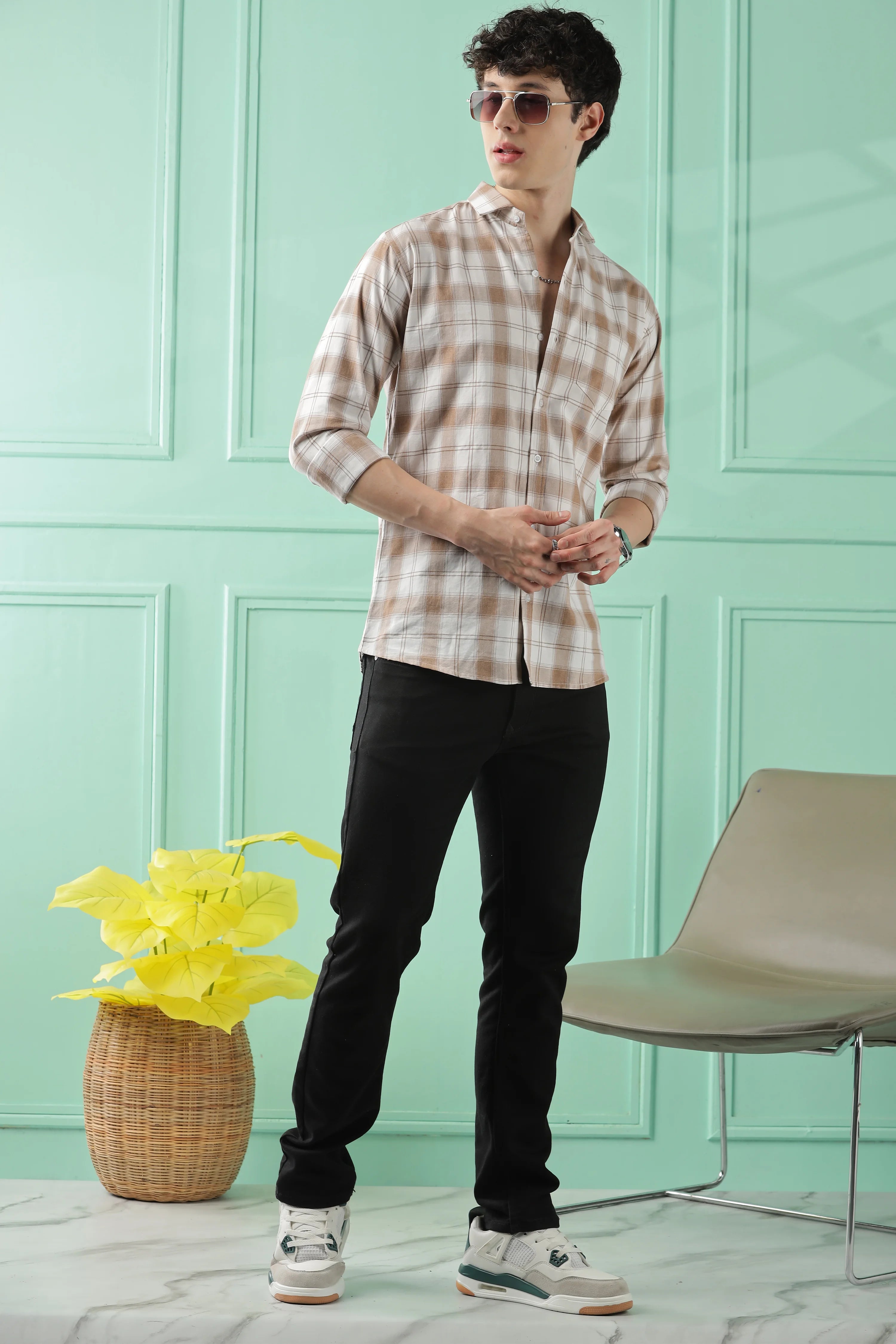 Classic Brown Checkered Cotton Blend Shirt