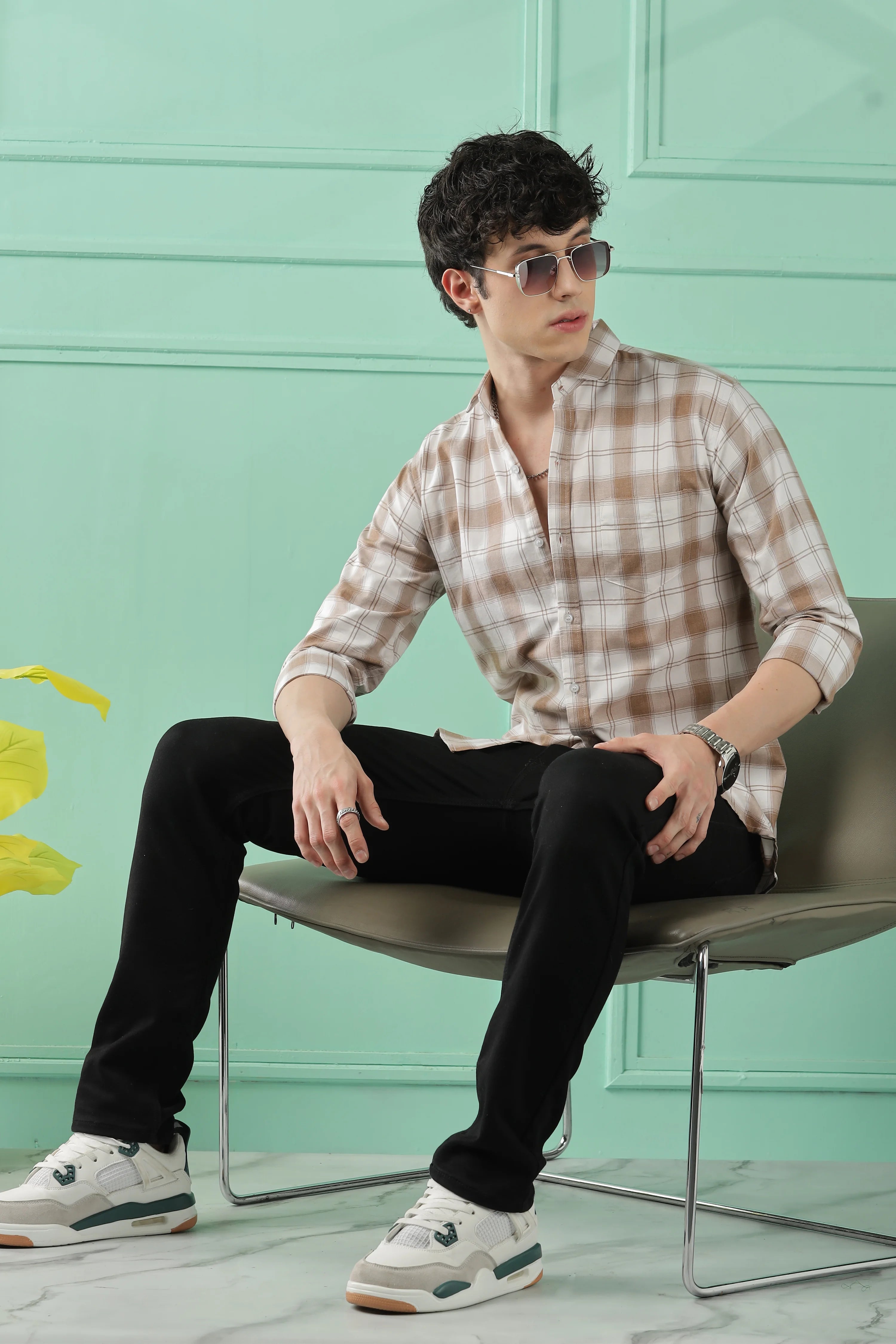Classic Brown Checkered Cotton Blend Shirt