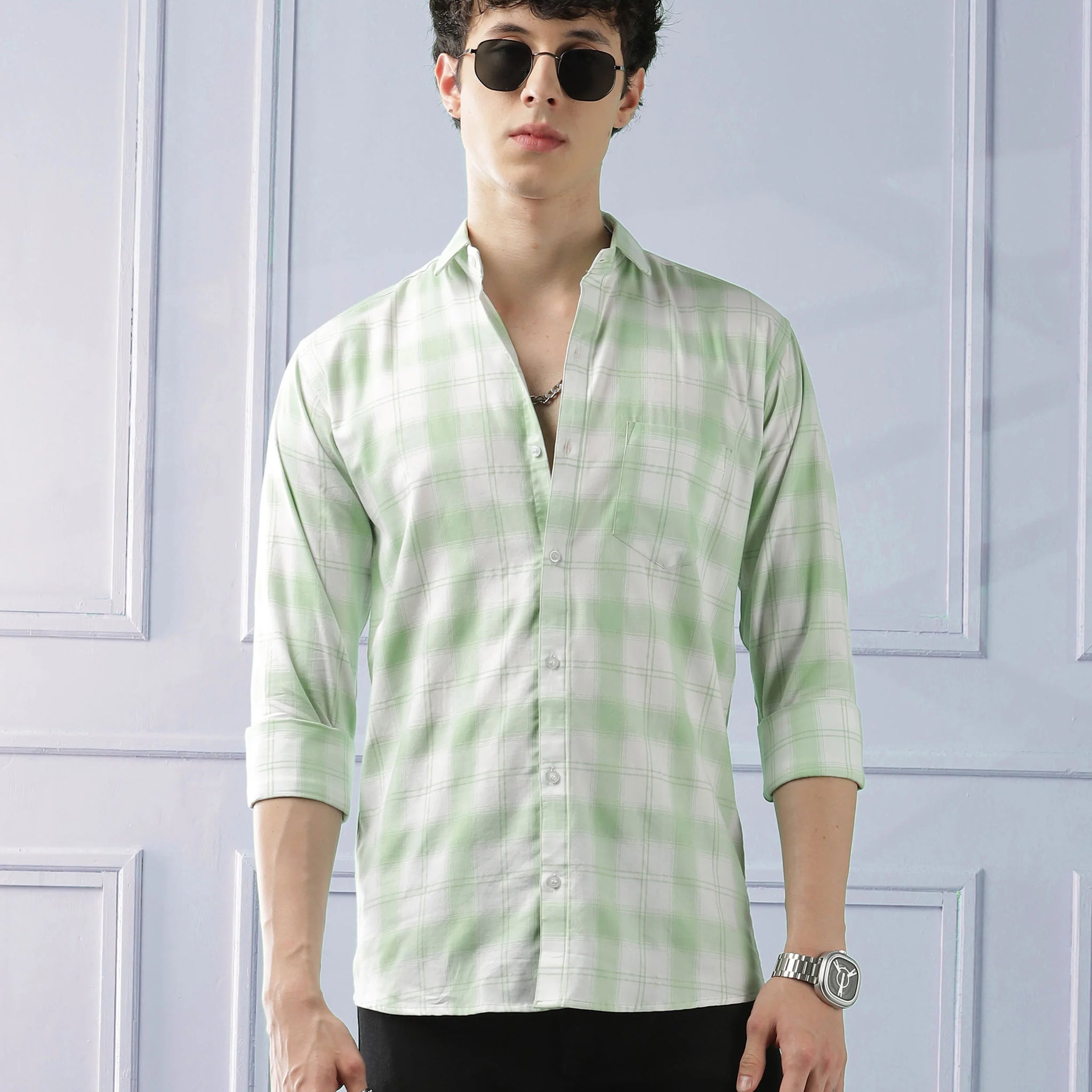Classic Light Green Checkered Cotton Blend Shirt