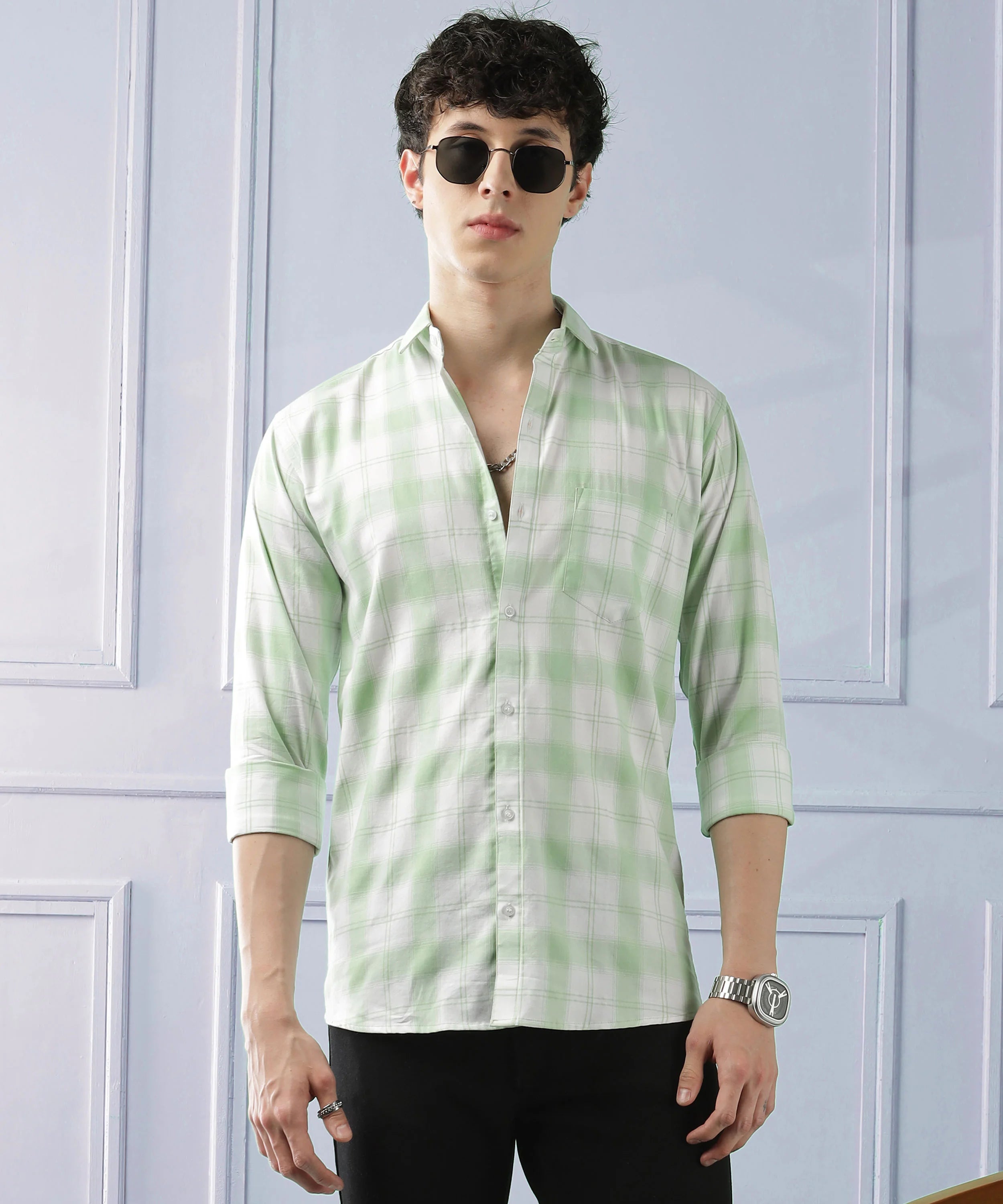 Classic Light Green Checkered Cotton Blend Shirt