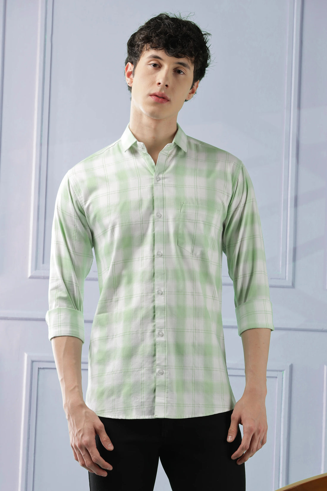 Classic Light Green Checkered Cotton Blend Shirt