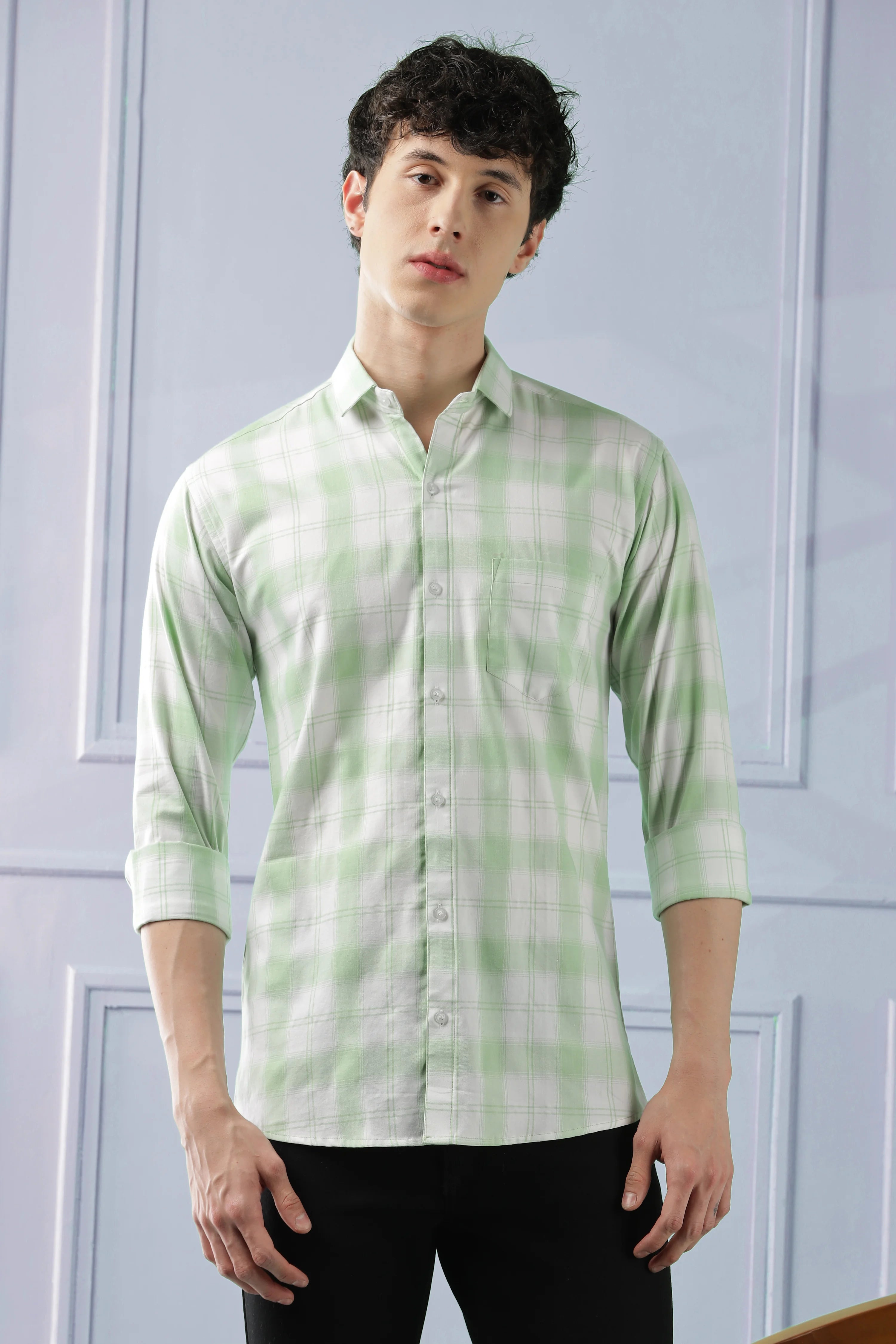 Classic Light Green Checkered Cotton Blend Shirt