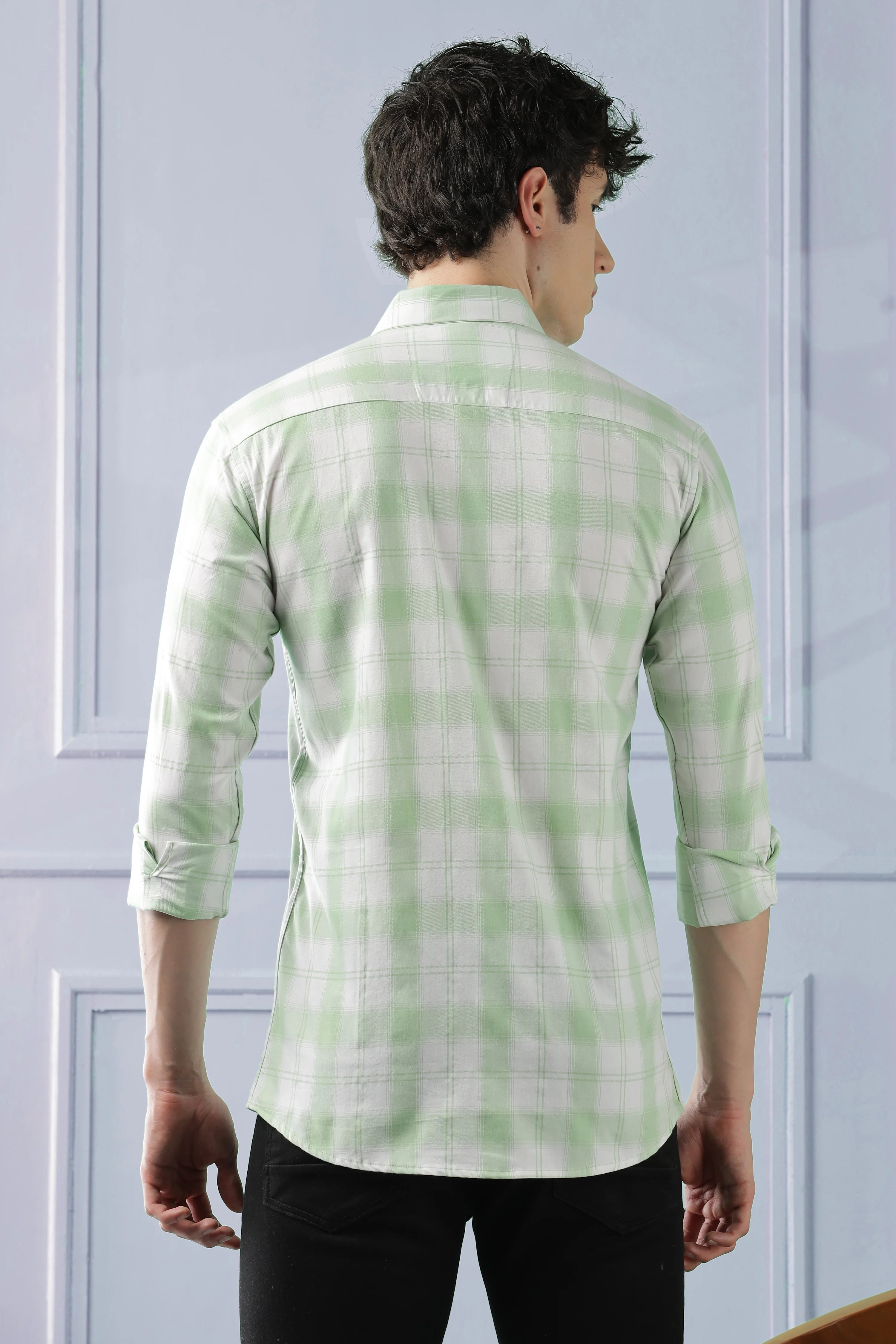 Classic Light Green Checkered Cotton Blend Shirt