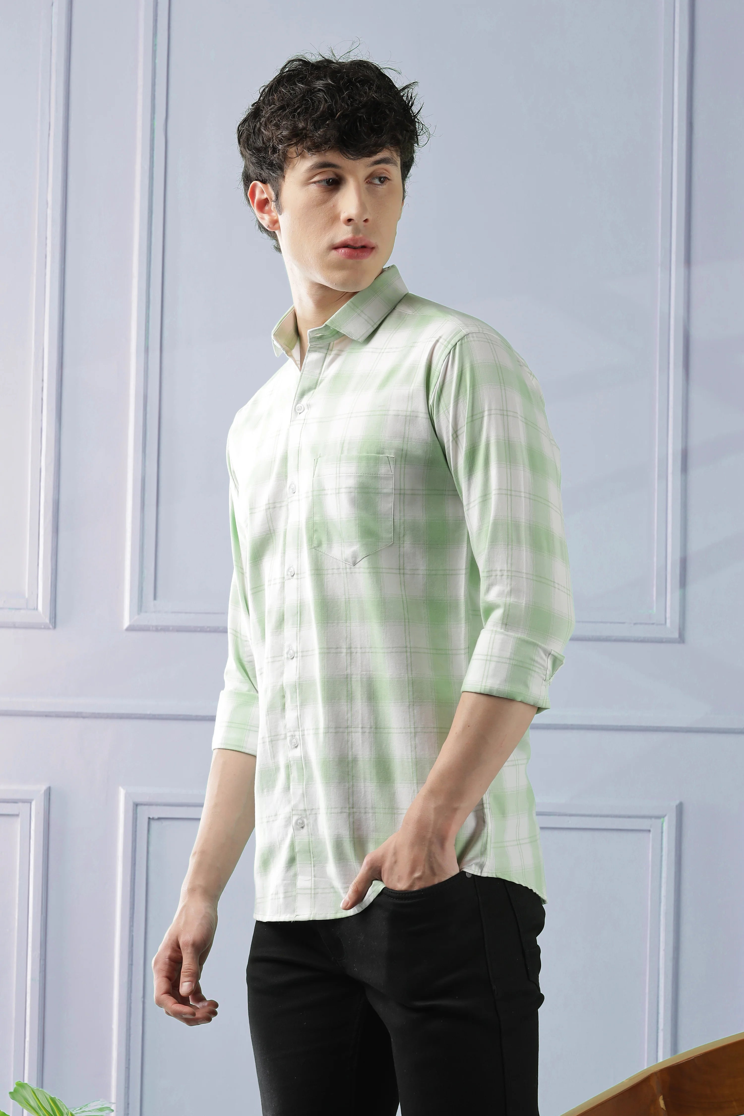 Classic Light Green Checkered Cotton Blend Shirt