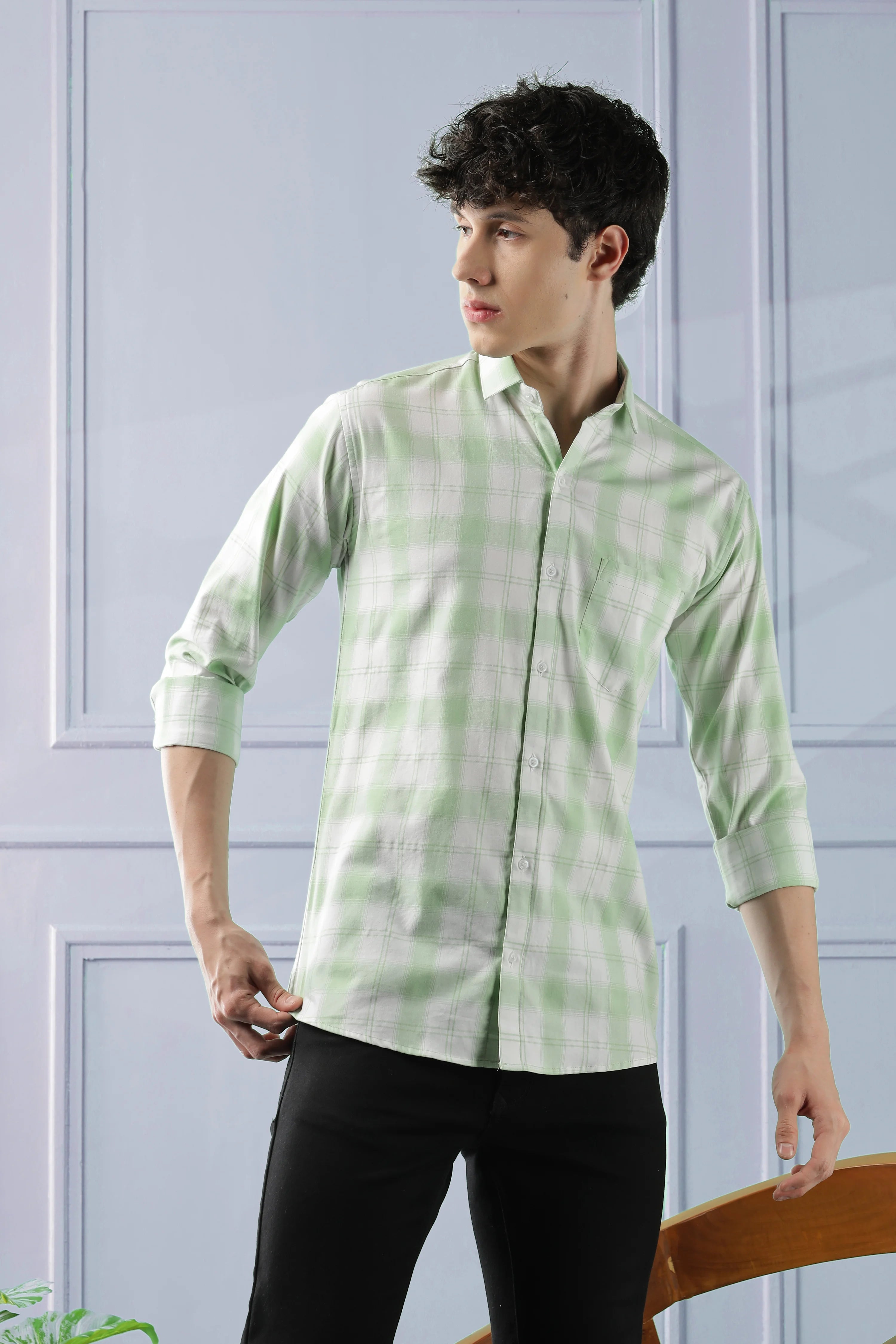 Classic Light Green Checkered Cotton Blend Shirt