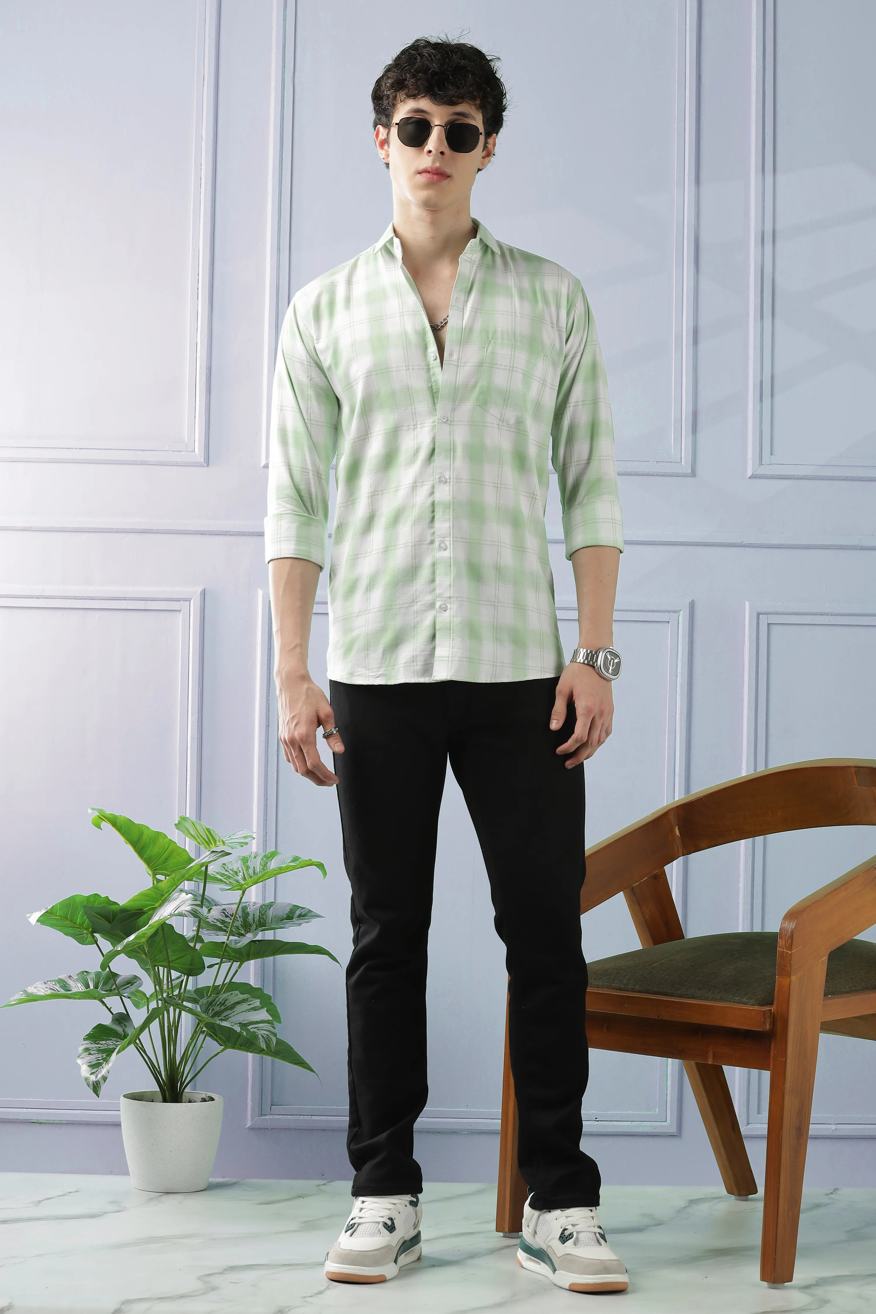 Classic Light Green Checkered Cotton Blend Shirt