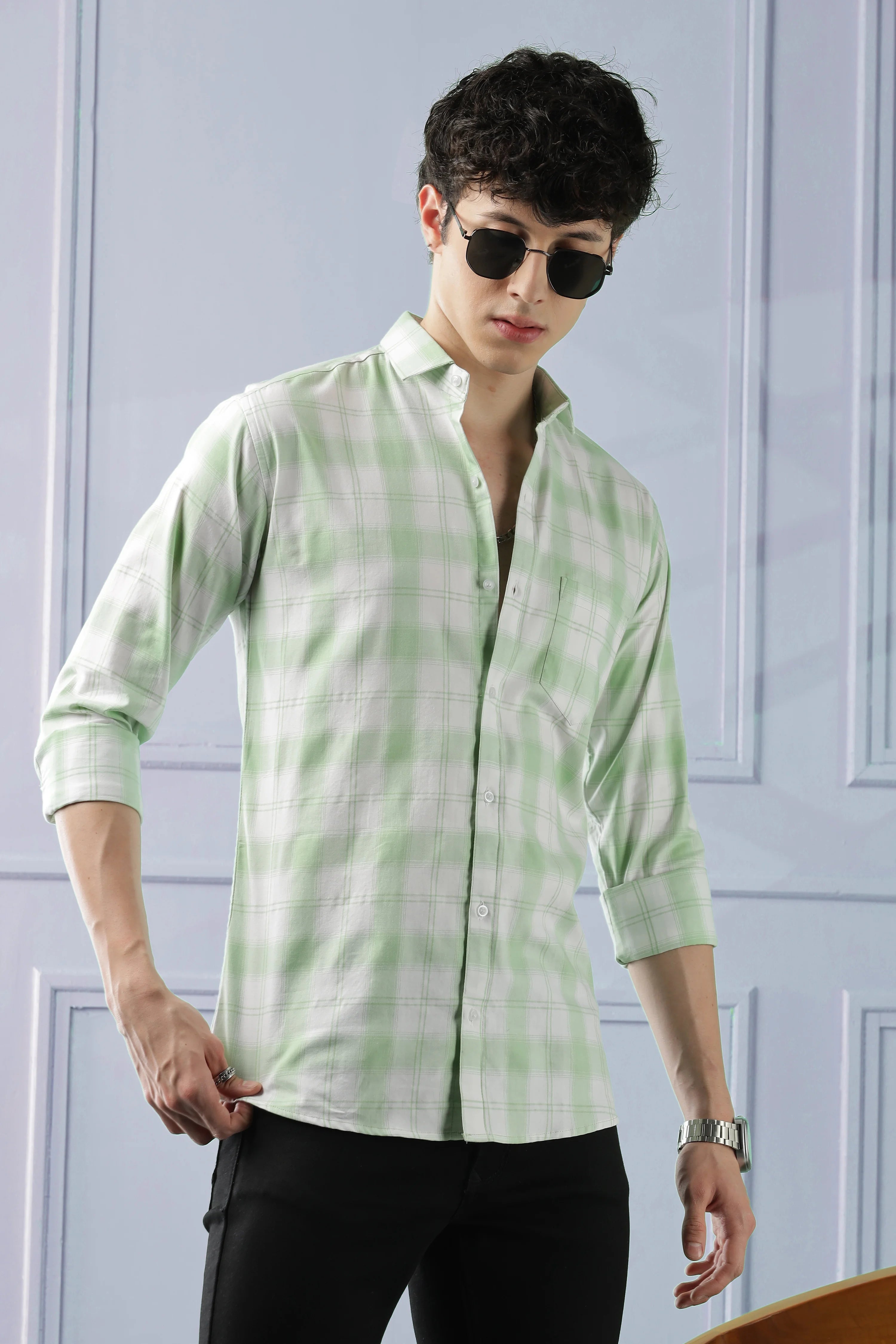 Classic Light Green Checkered Cotton Blend Shirt
