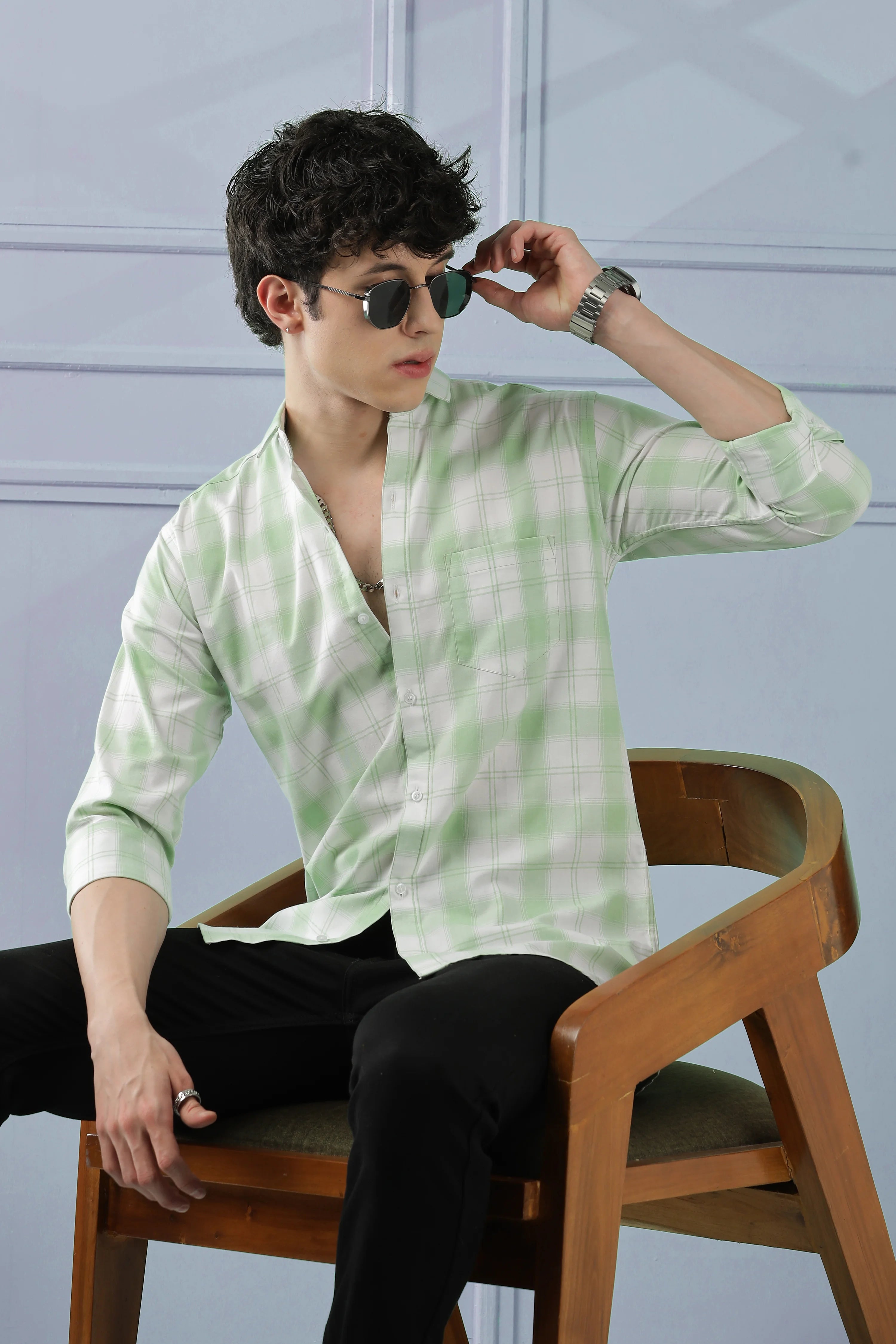 Classic Light Green Checkered Cotton Blend Shirt