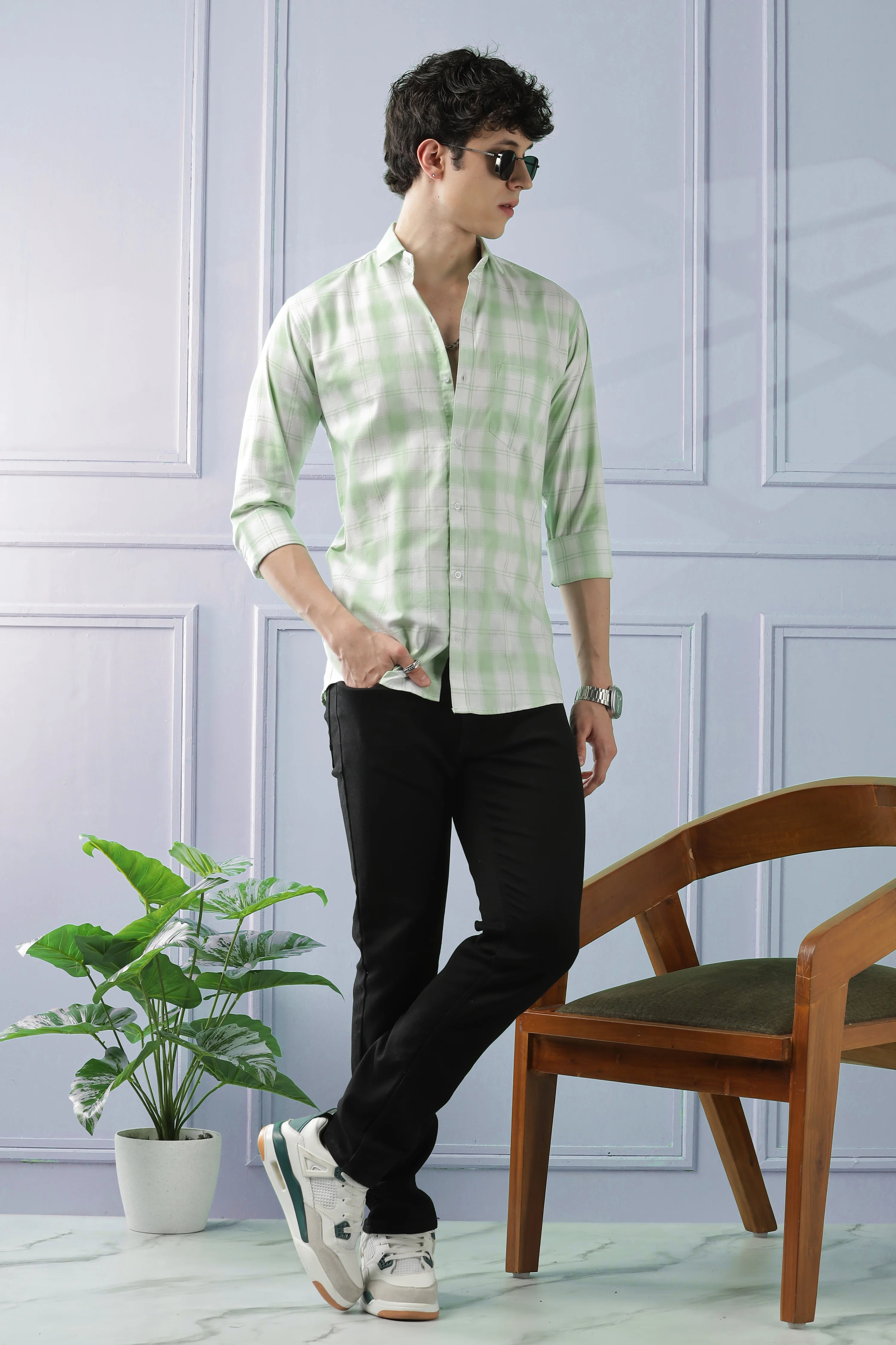 Classic Light Green Checkered Cotton Blend Shirt