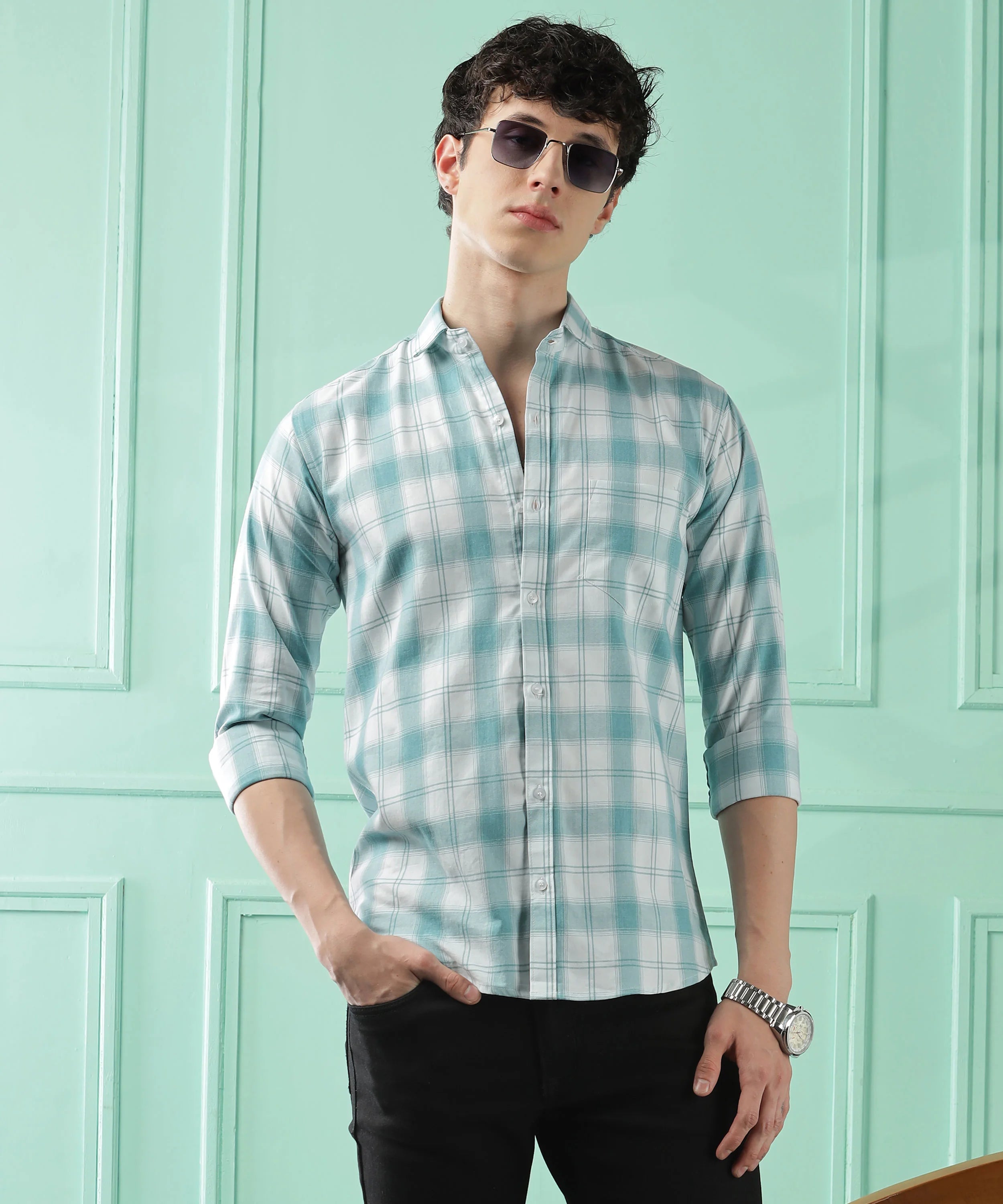 Classic Teal Checkered Cotton Blend Shirt