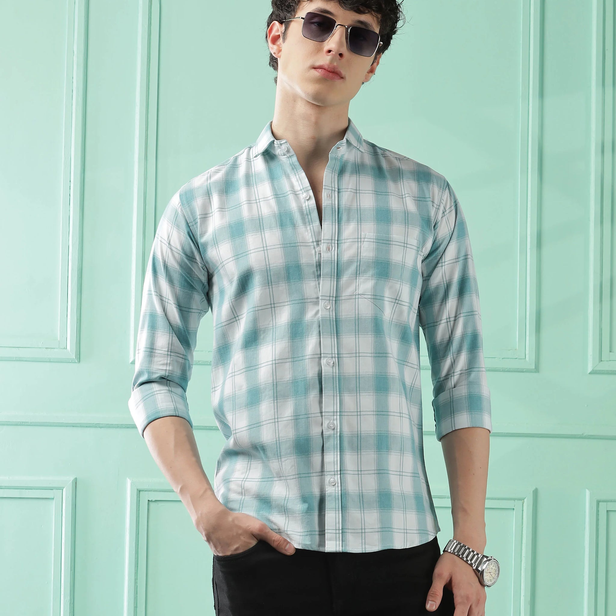 Classic Teal Checkered Cotton Blend Shirt
