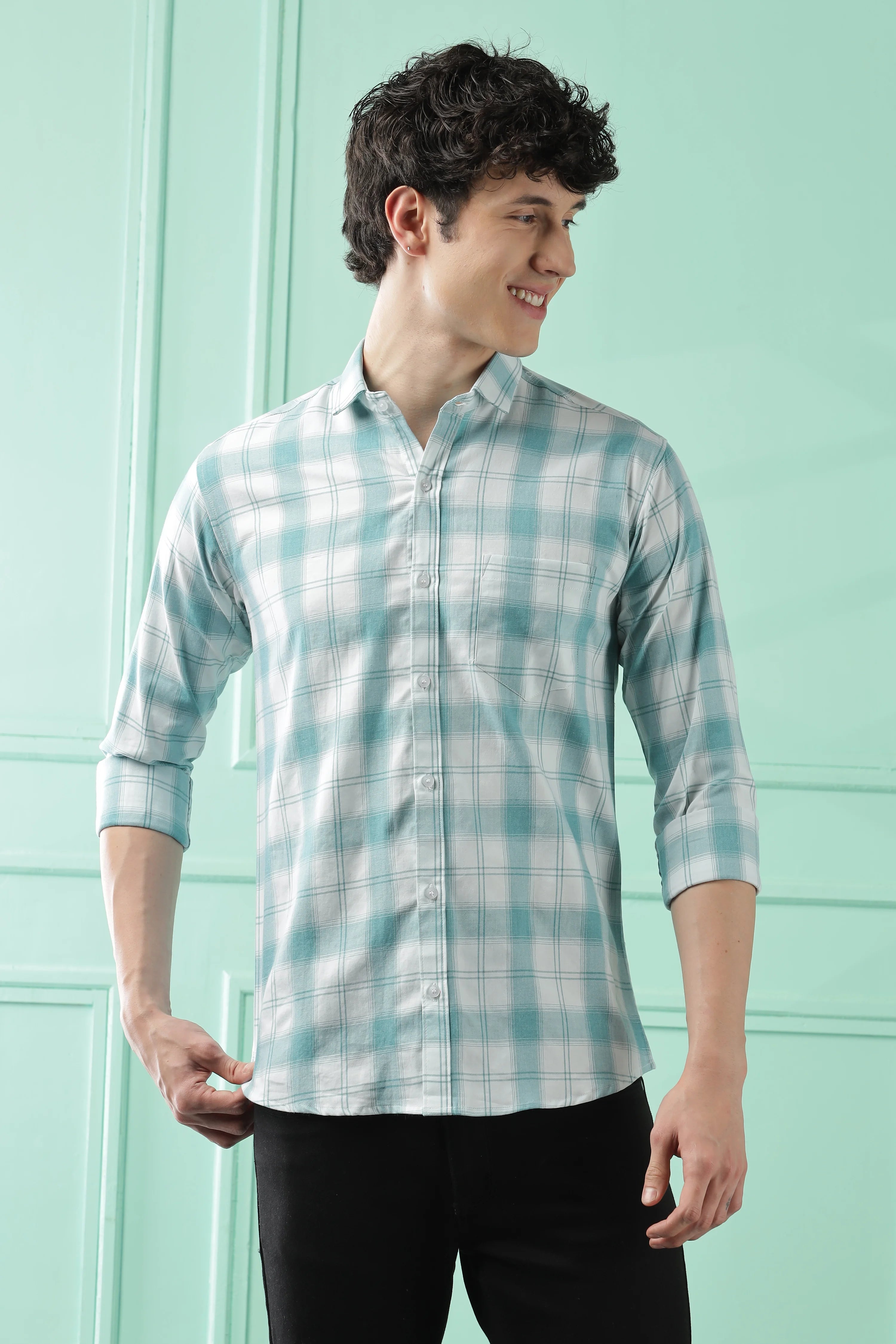 Classic Teal Checkered Cotton Blend Shirt