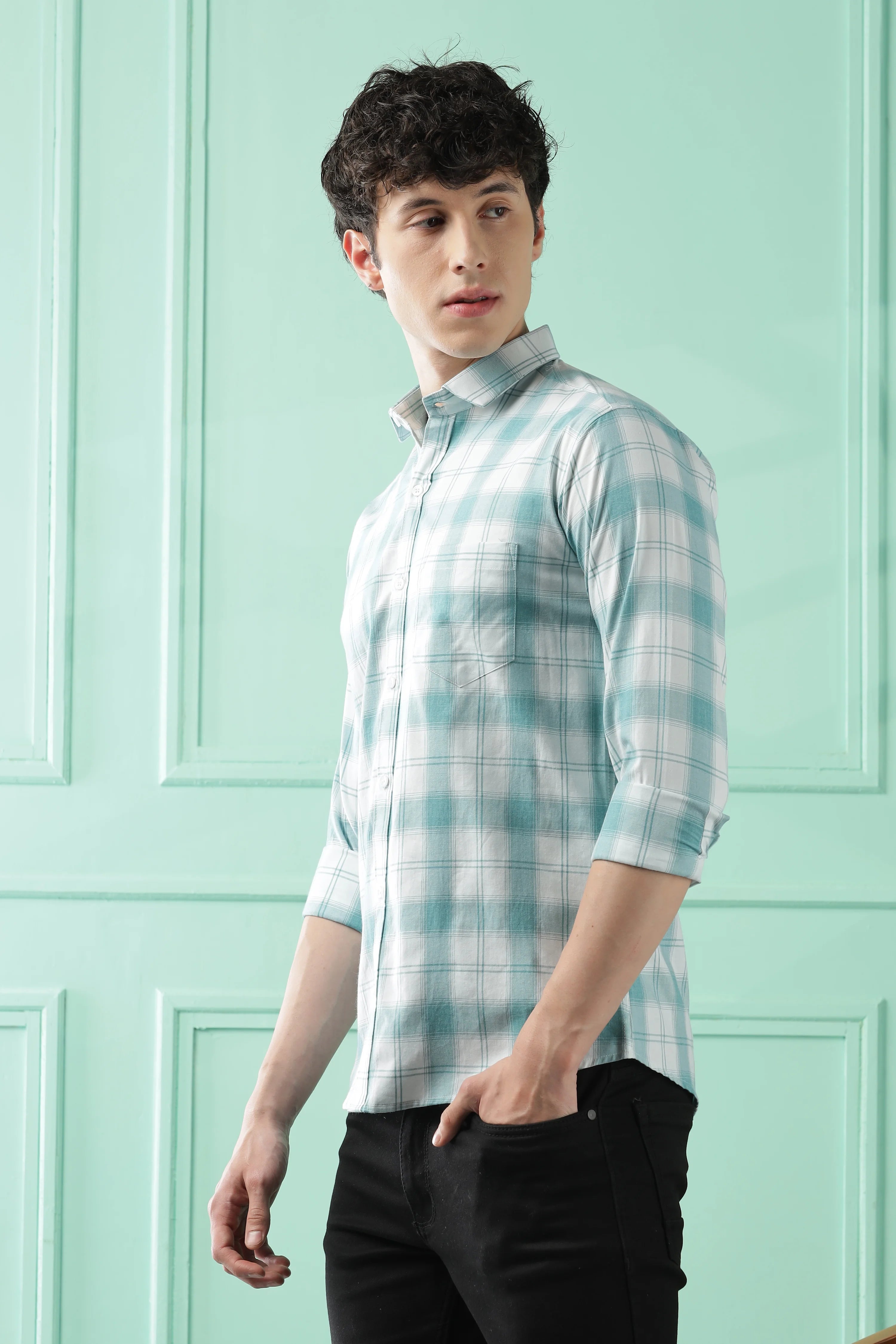 Classic Teal Checkered Cotton Blend Shirt