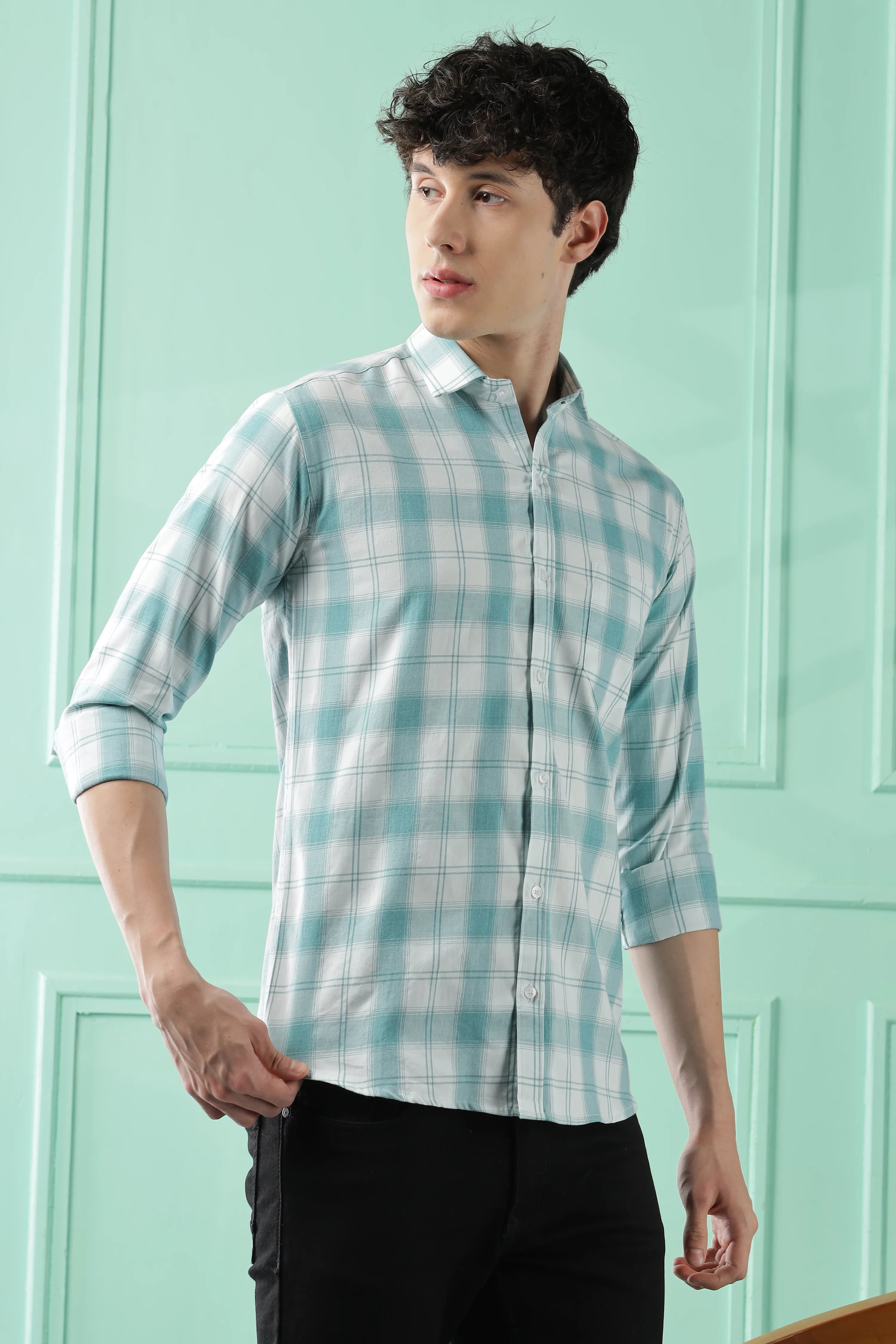Classic Teal Checkered Cotton Blend Shirt