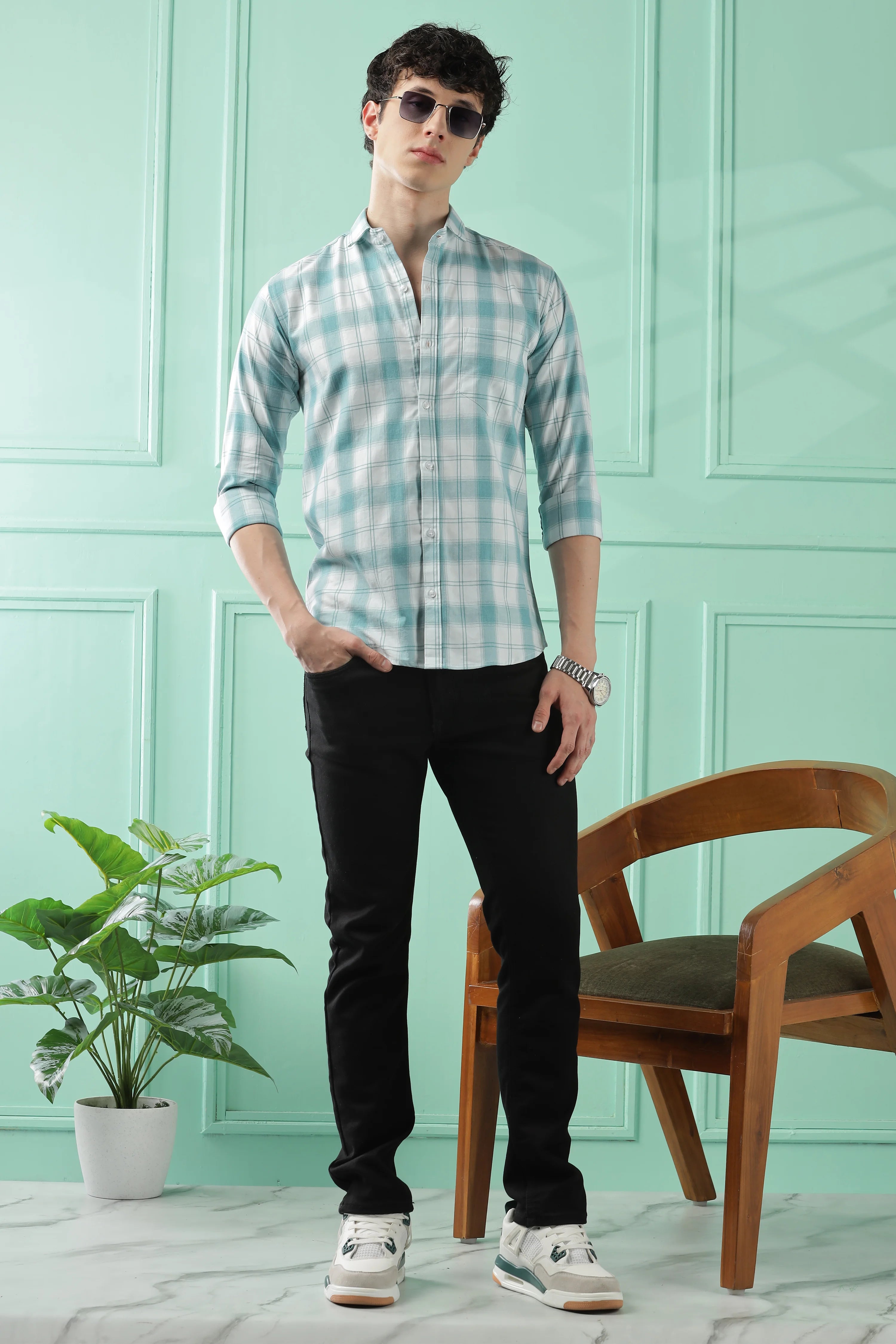 Classic Teal Checkered Cotton Blend Shirt