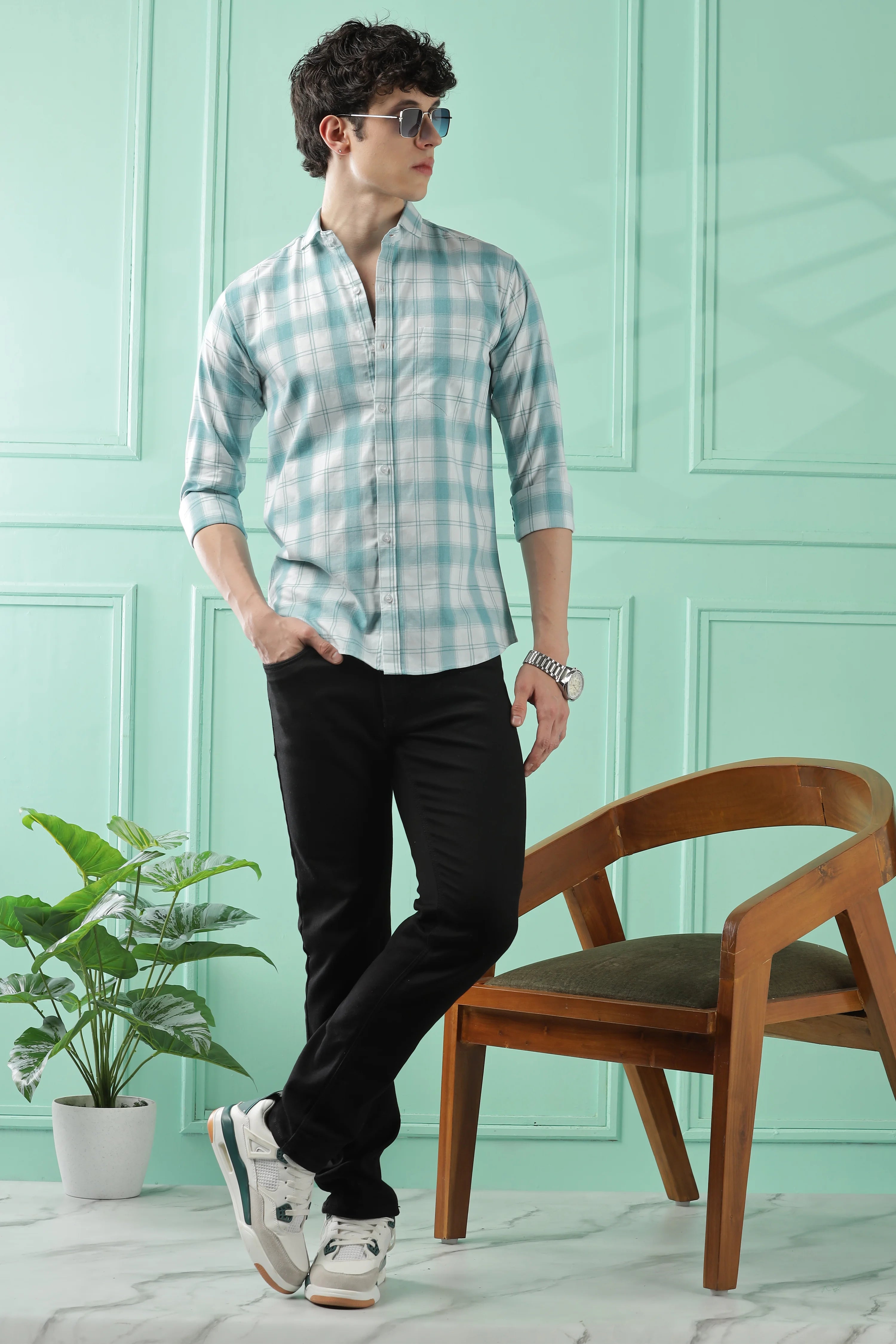 Classic Teal Checkered Cotton Blend Shirt