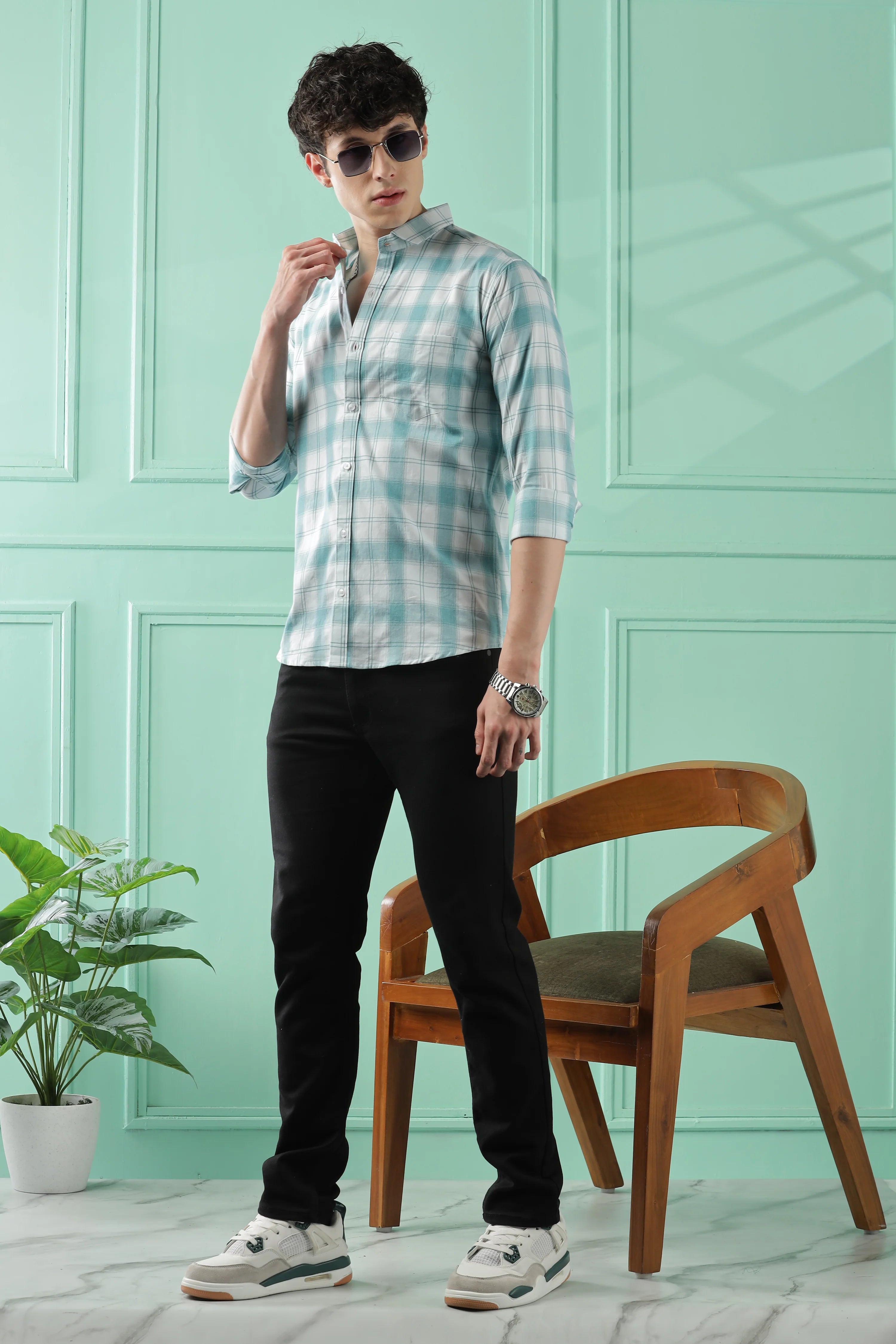 Classic Teal Checkered Cotton Blend Shirt