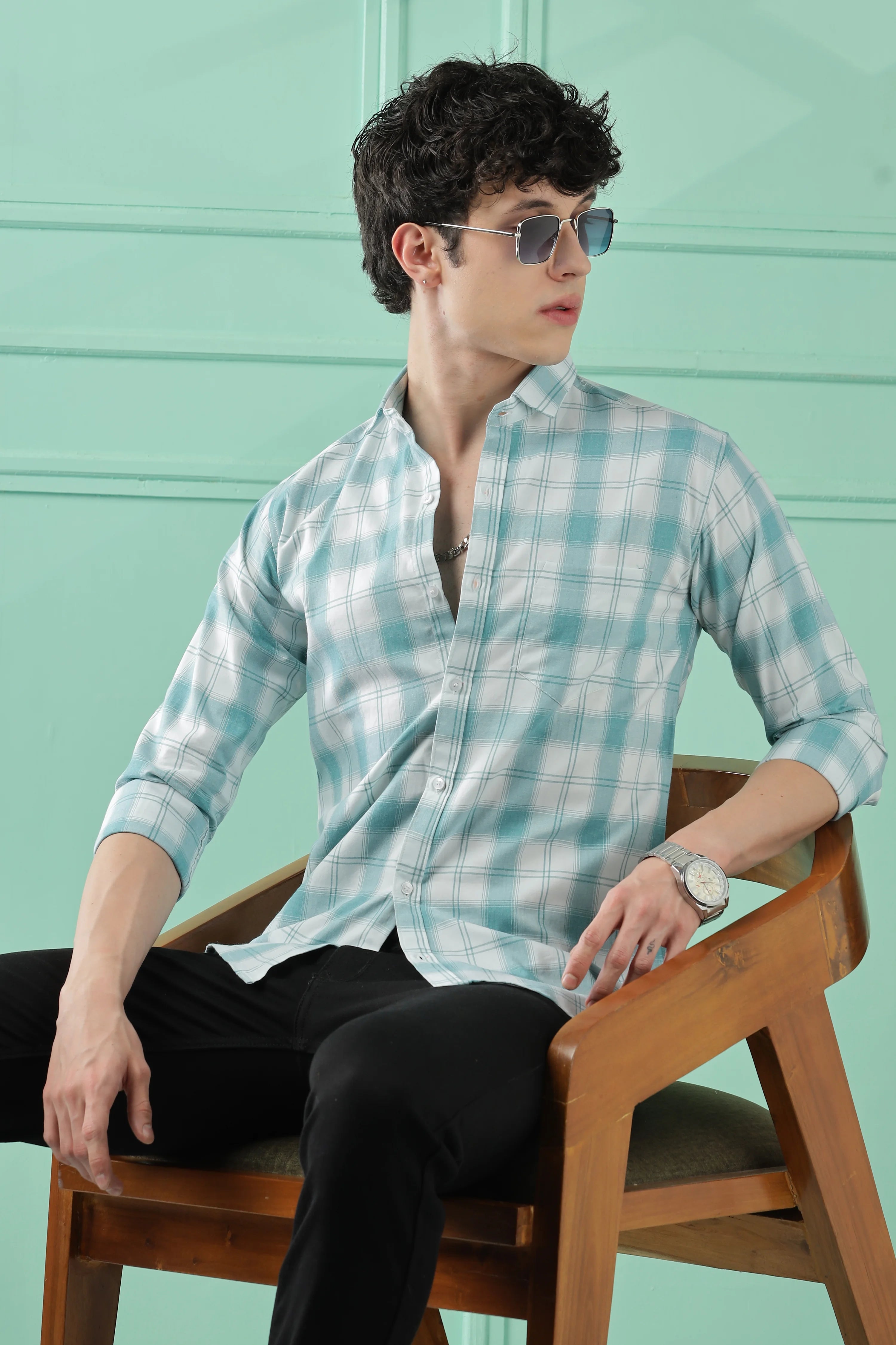 Classic Teal Checkered Cotton Blend Shirt