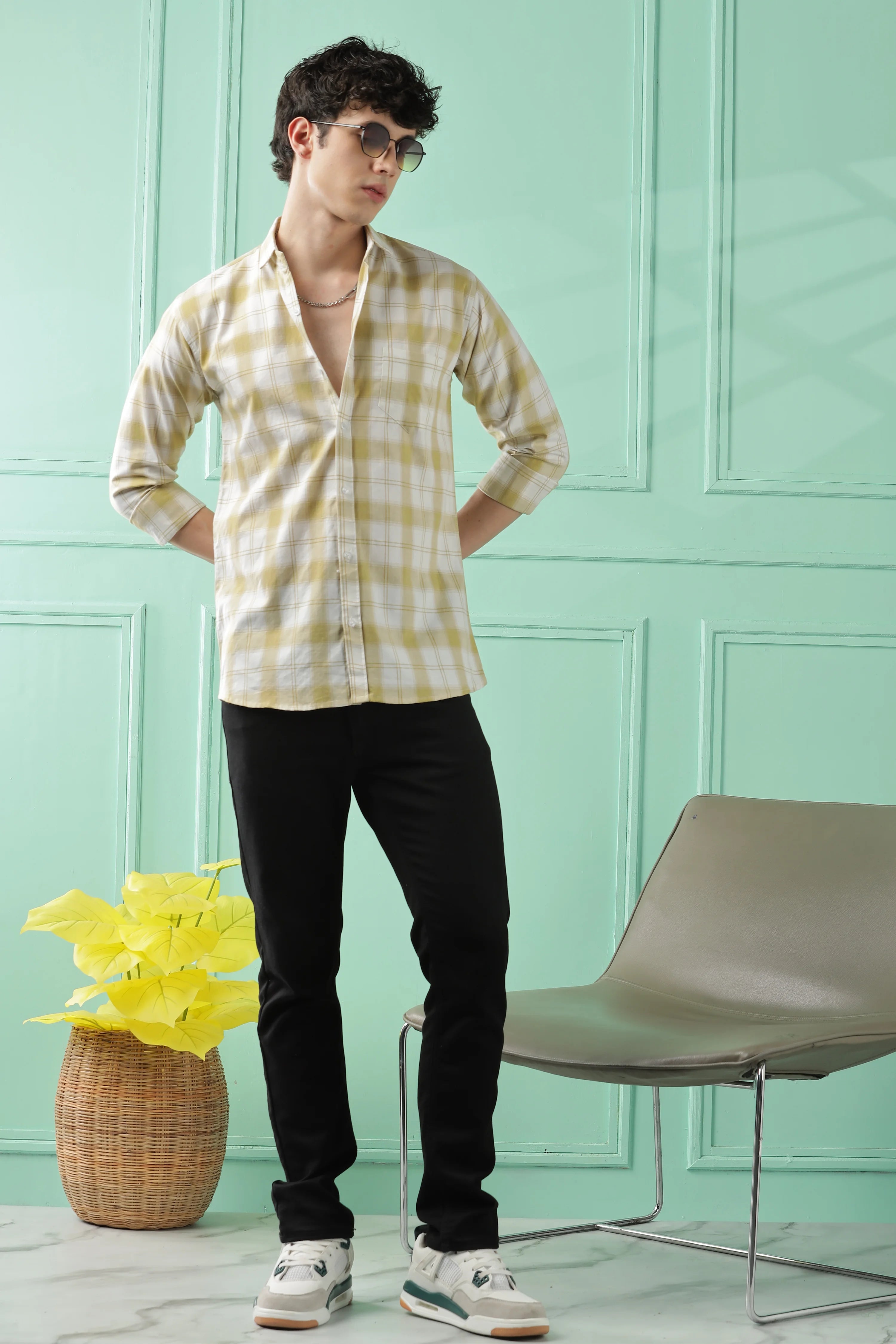 Classic Yellow Checkered Cotton Blend Shirt