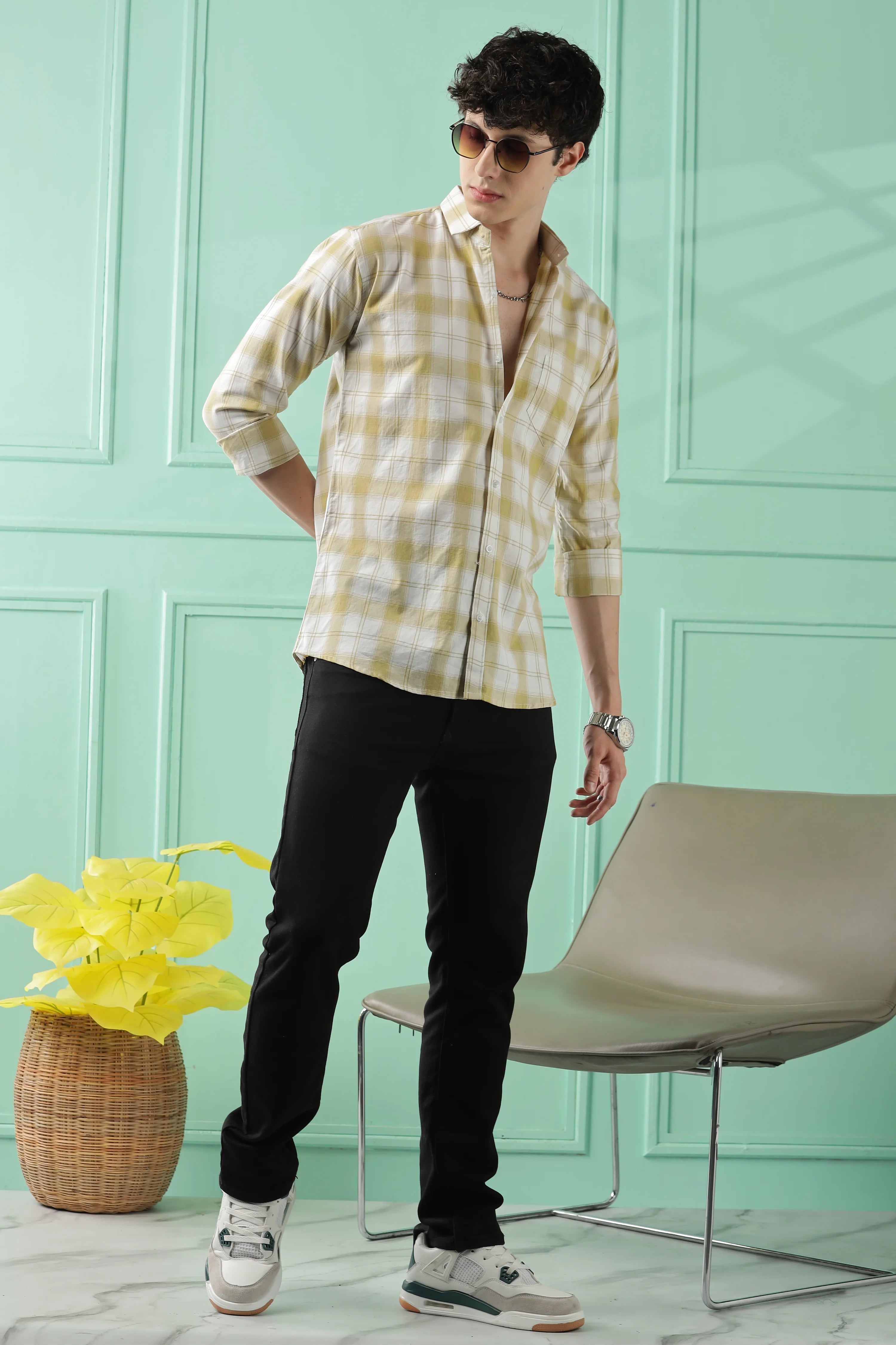 Classic Yellow Checkered Cotton Blend Shirt