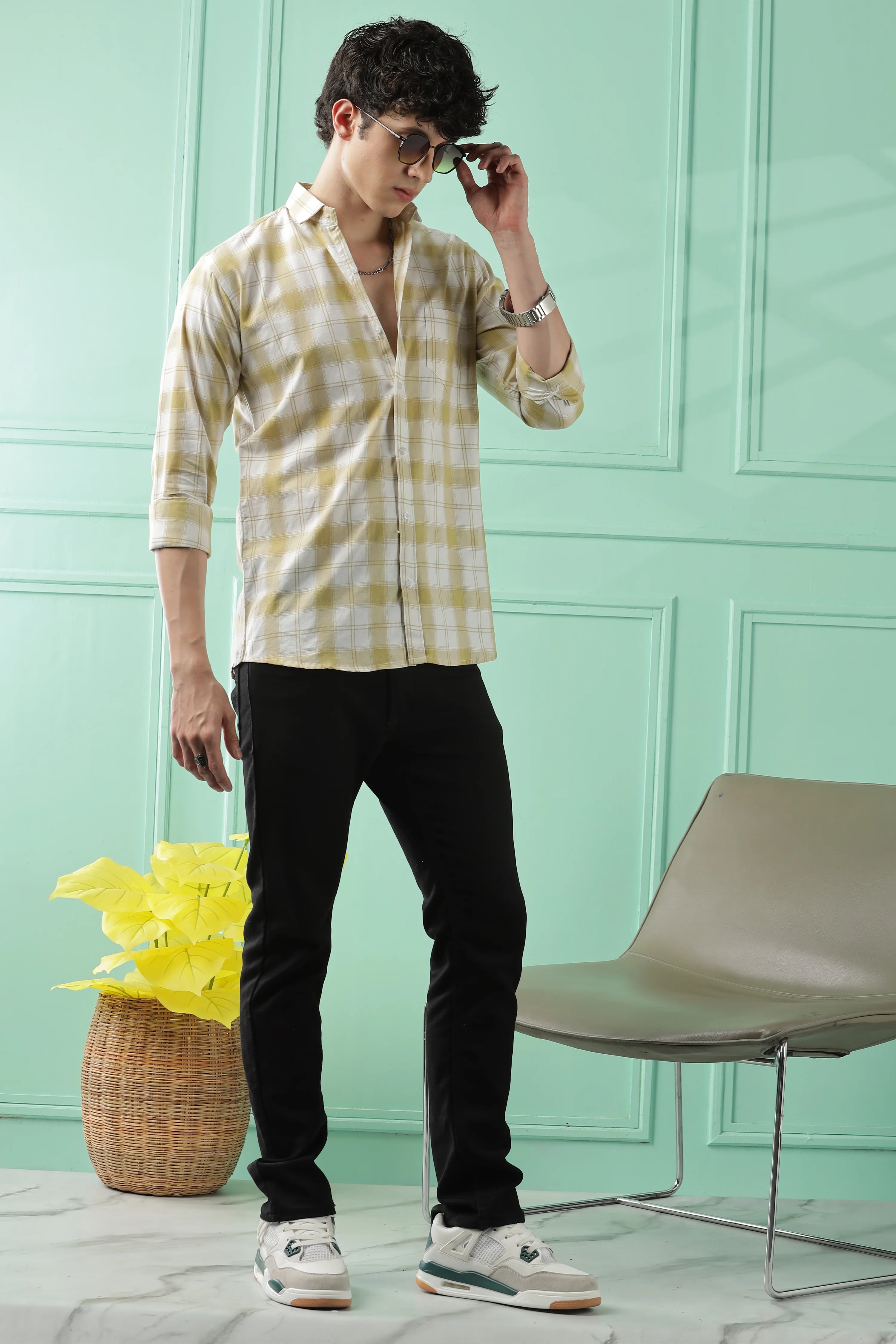 Classic Yellow Checkered Cotton Blend Shirt